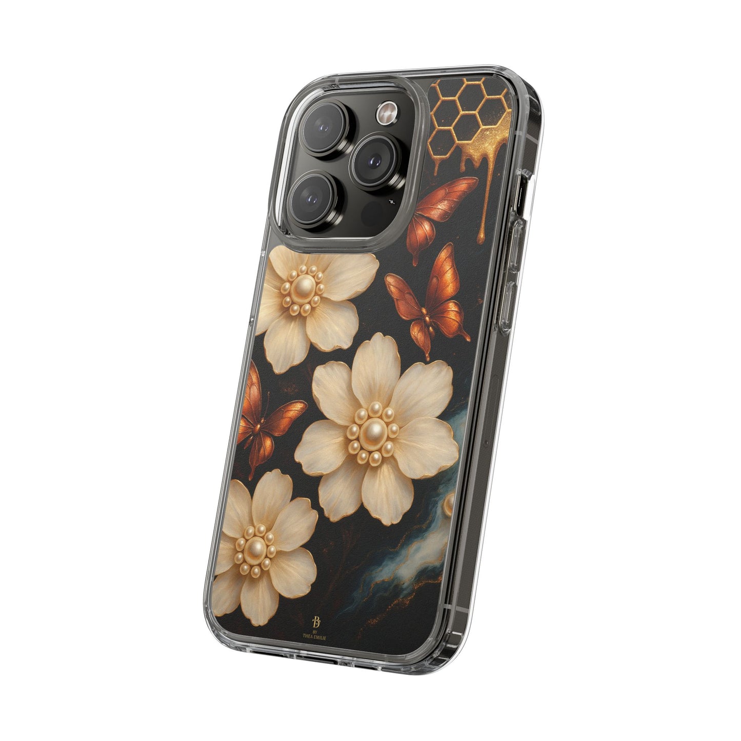 Golden Butterfly & Floral Clear Phone Case – Elegant Pearl & Honeycomb Design for iPhone
