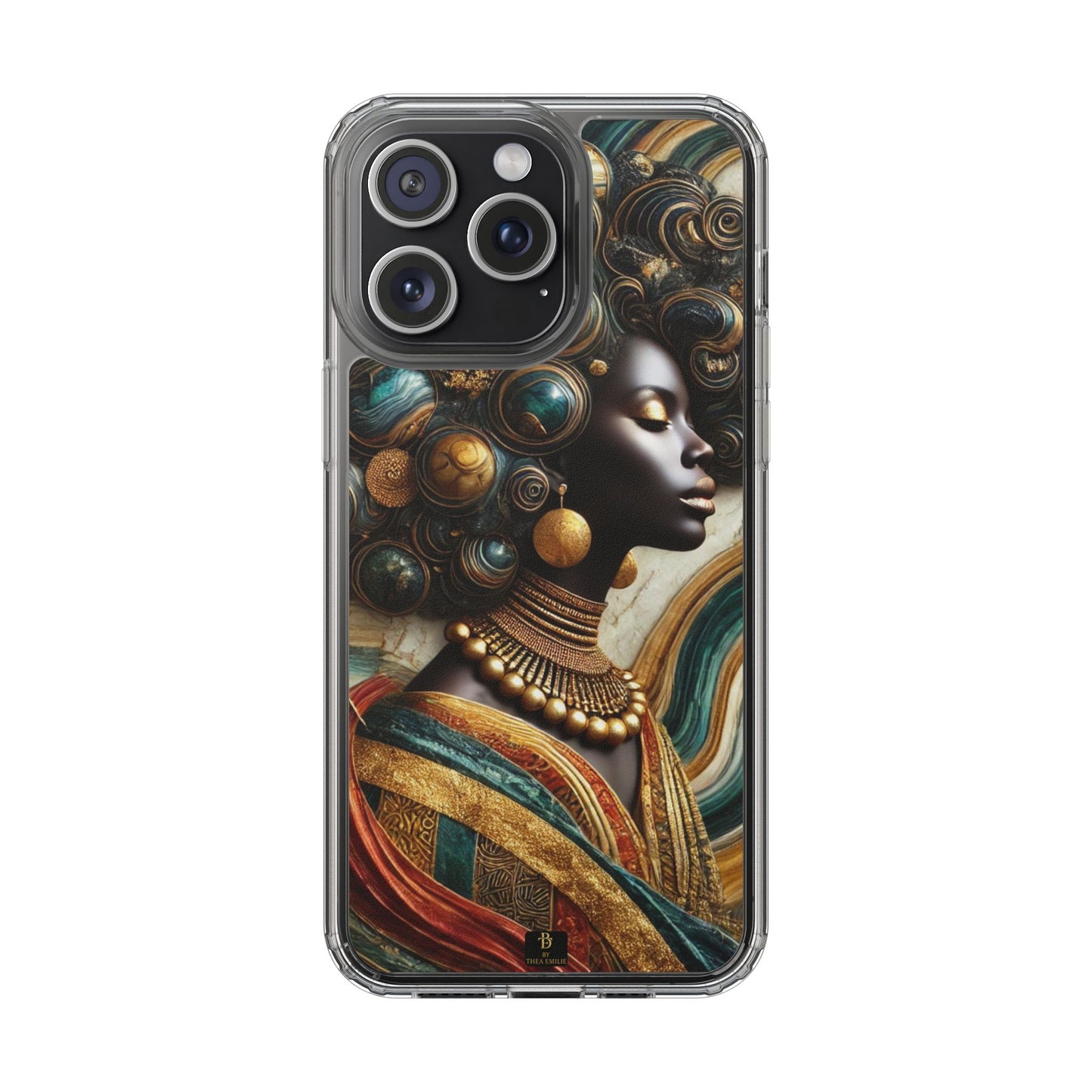 Majestic Queen Clear Phone Case – Afro Art Style with Gold & Teal Accents