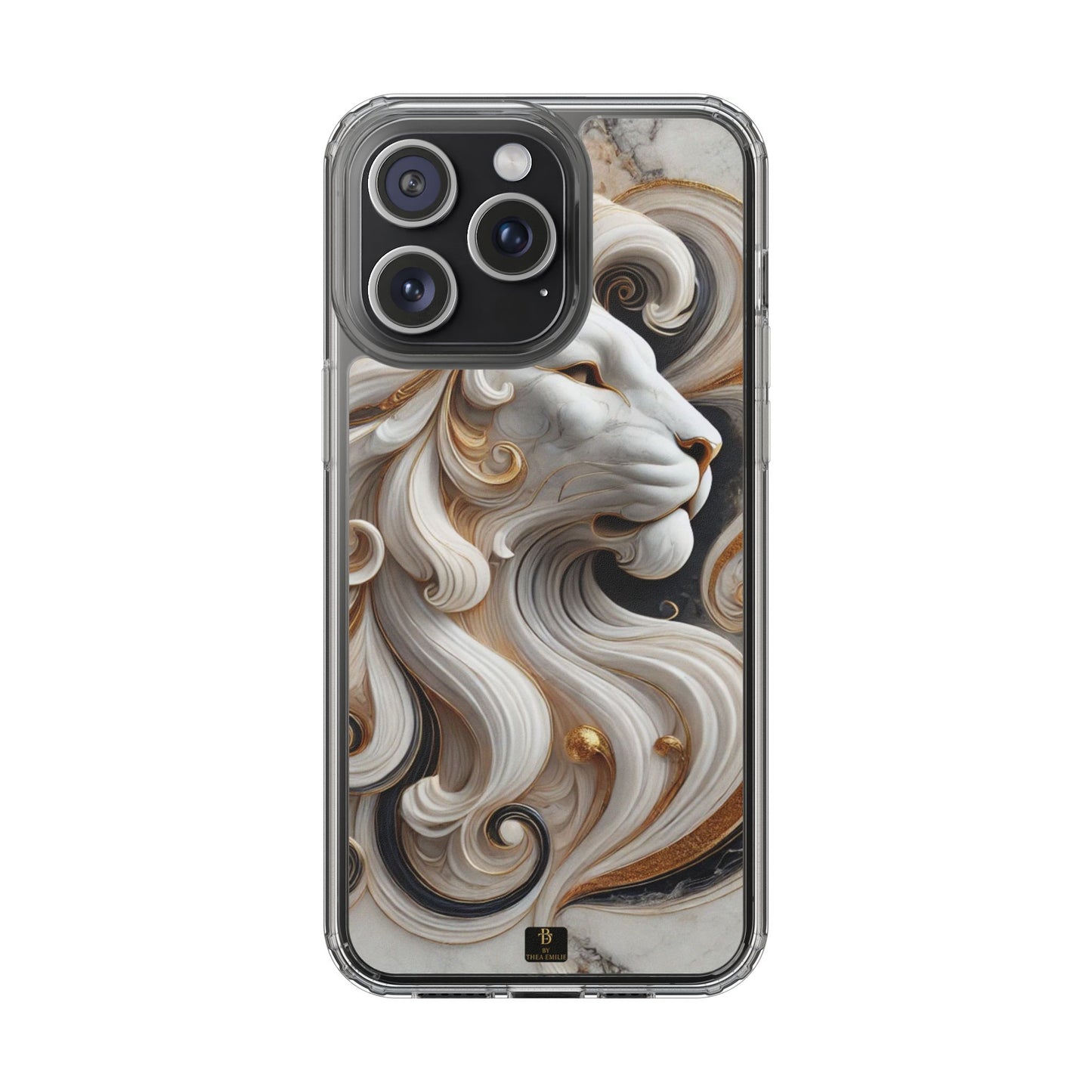 Artistic Lion Clear Phone Case – Marble Gold Design, Stylish Protection for iPhone