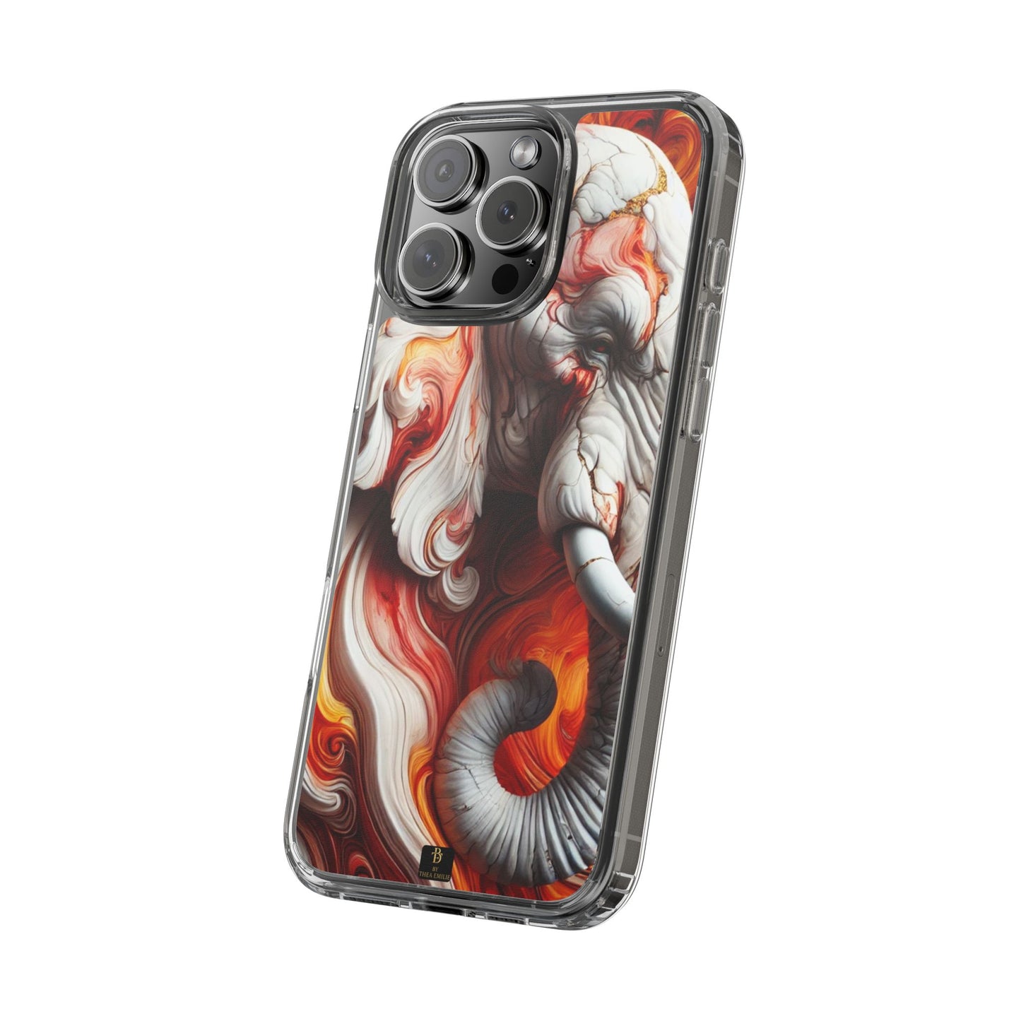 Fiery Marble Elephant Clear Phone Case – Bold Red & Orange Artistic Design for iPhone