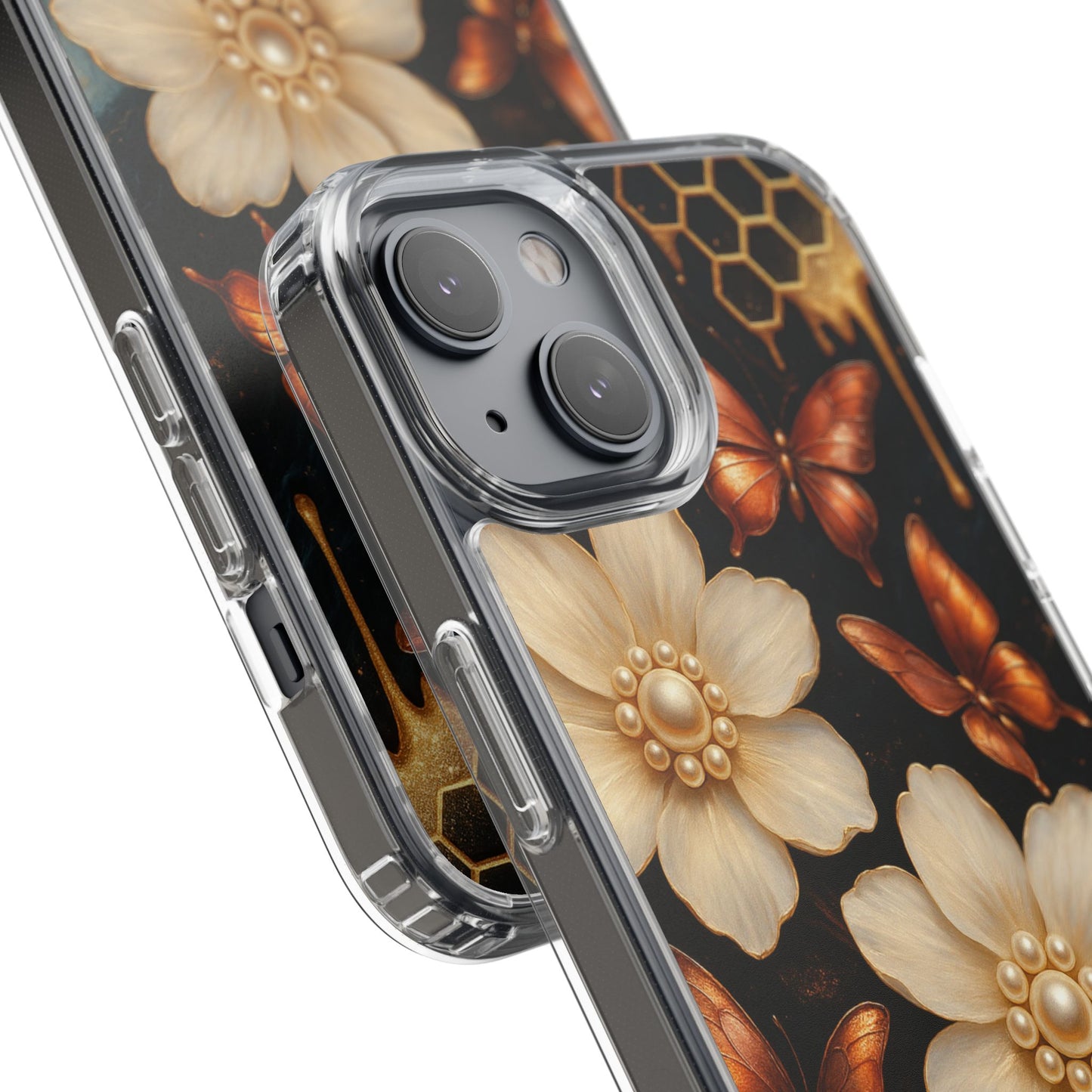 Golden Butterfly & Floral Clear Phone Case – Elegant Pearl & Honeycomb Design for iPhone