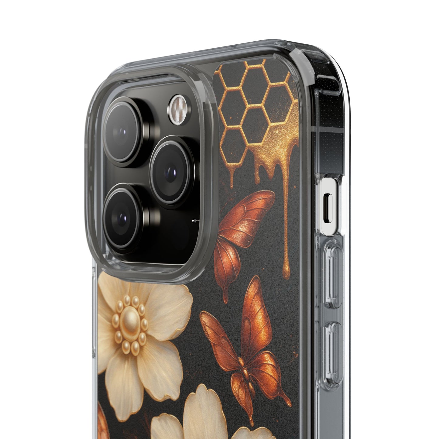 Golden Butterfly & Floral Clear Phone Case – Elegant Pearl & Honeycomb Design for iPhone