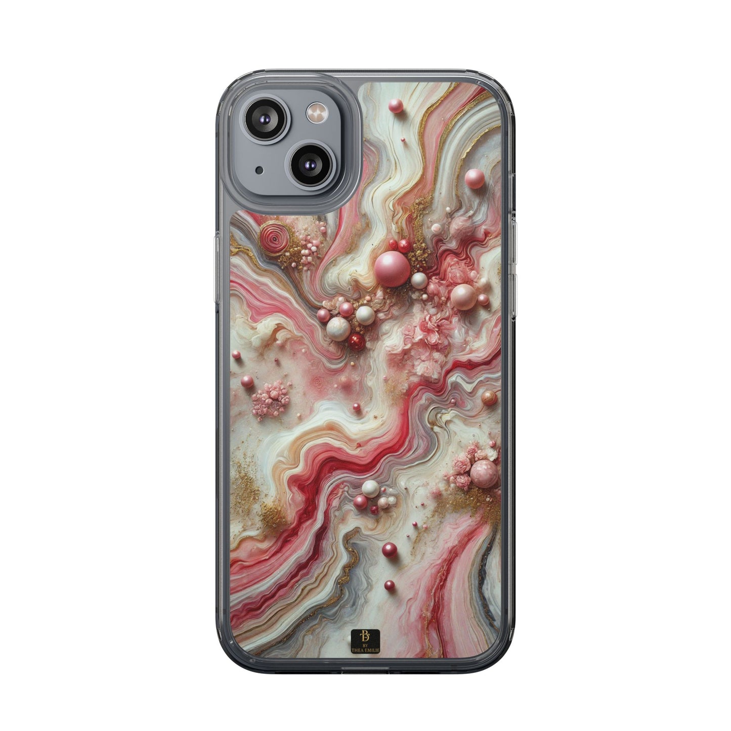 Pink Marble Clear Phone Case – Blush & Gold Abstract Design with Pearls, Compatible with iPhone