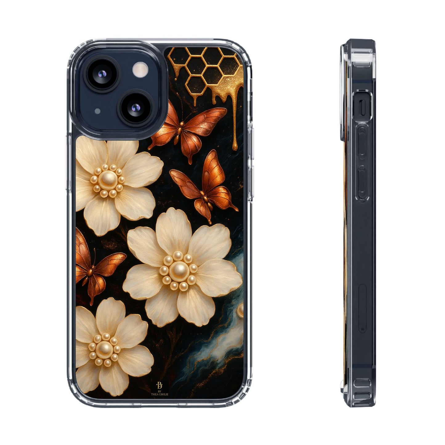 Golden Butterfly & Floral Clear Phone Case – Elegant Pearl & Honeycomb Design for iPhone