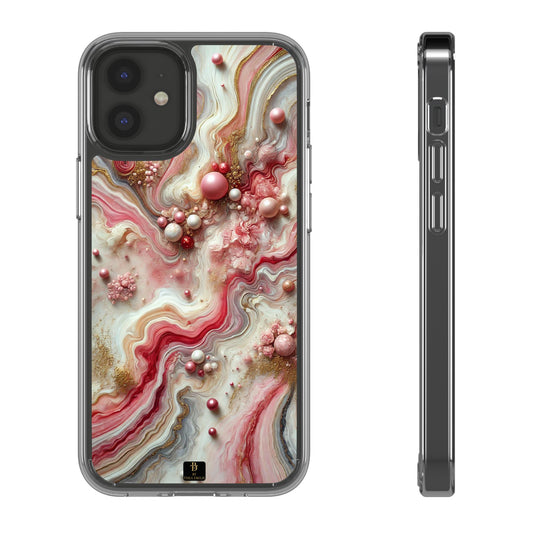 Pink Marble Clear Phone Case – Blush & Gold Abstract Design with Pearls, Compatible with iPhone