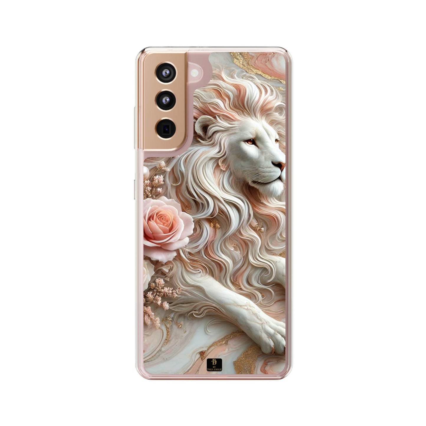 Blush Lion Clear Phone Case – Soft Marble & Rose Design for iPhone