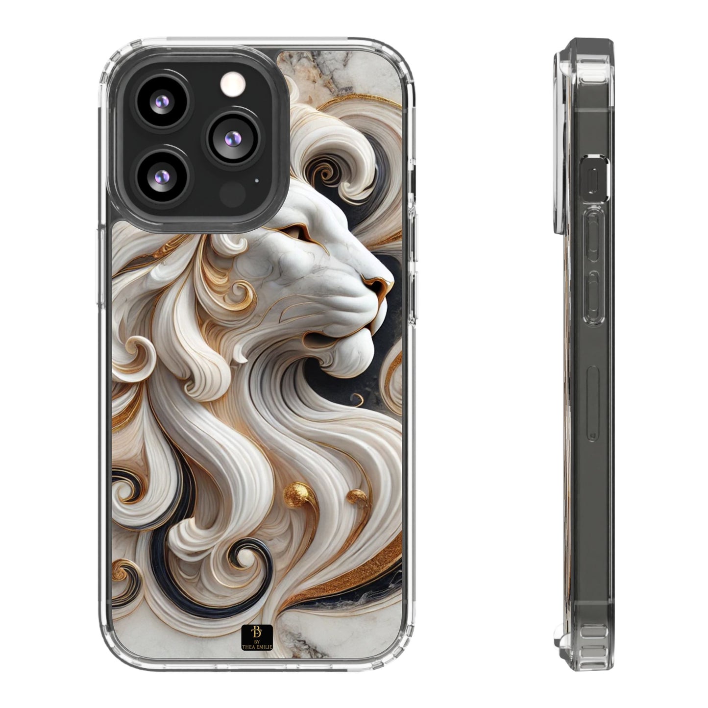 Artistic Lion Clear Phone Case – Marble Gold Design, Stylish Protection for iPhone