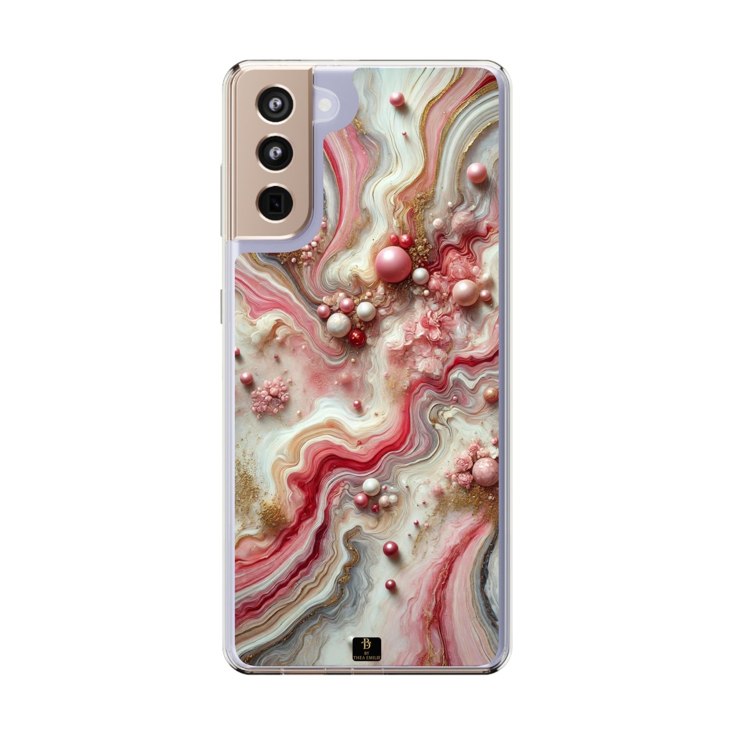 Pink Marble Clear Phone Case – Blush & Gold Abstract Design with Pearls, Compatible with iPhone