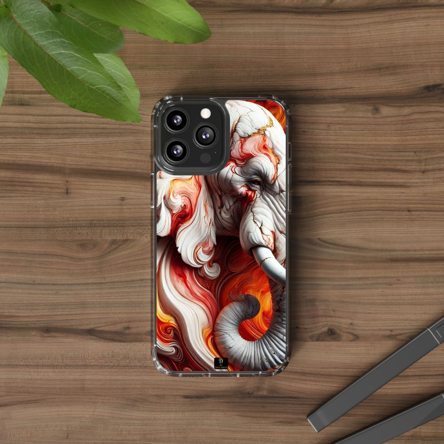 Fiery Marble Elephant Clear Phone Case – Bold Red & Orange Artistic Design for iPhone