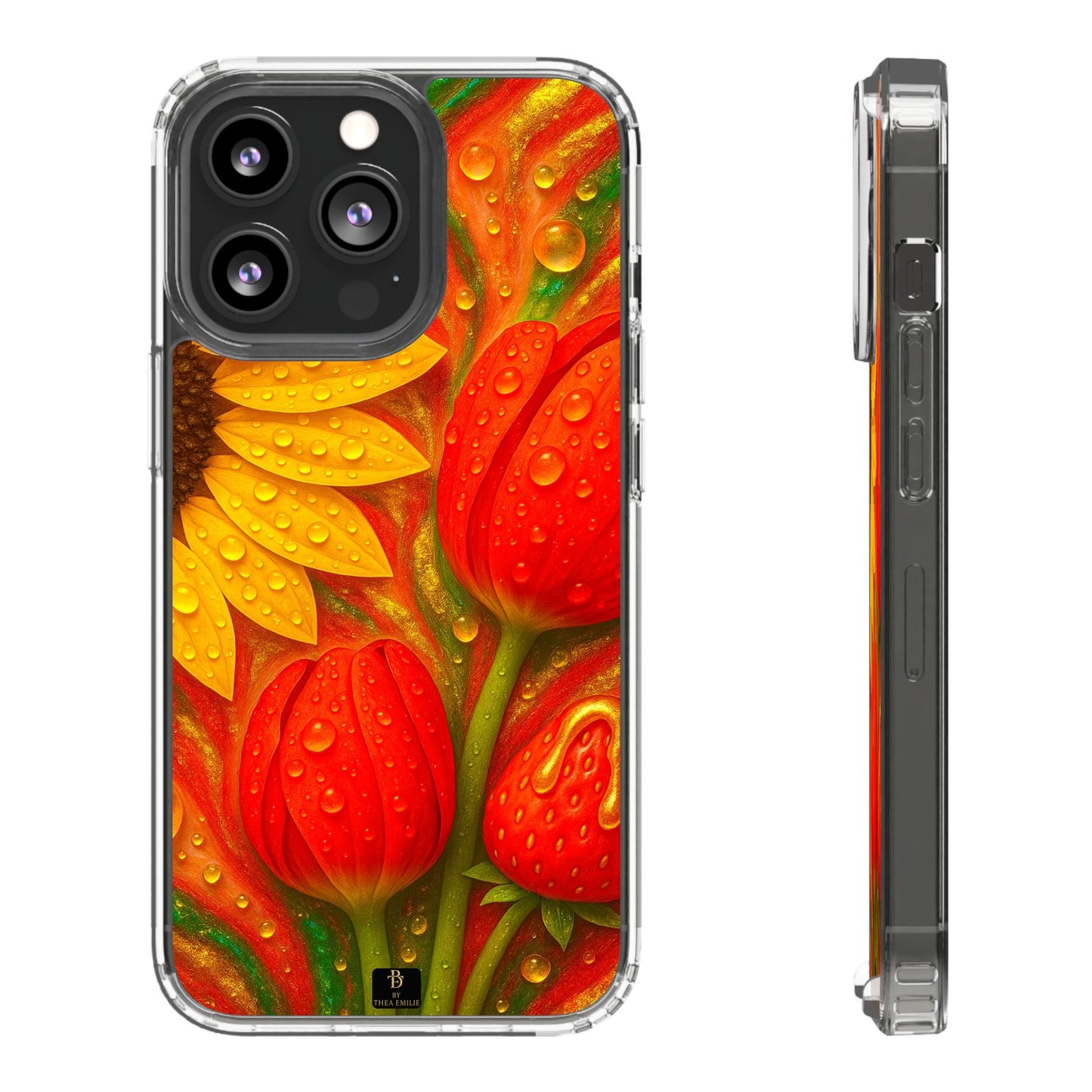 Sunflower Tulips Clear Phone Case - Red Green Gold Marble Design for iPhone