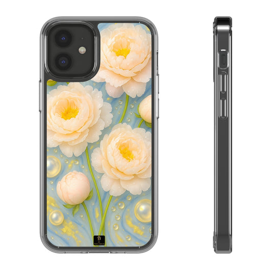 Peonies Marble Phone Case – Blue, White & Gold Artistic Design