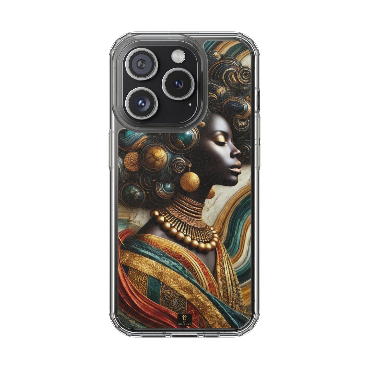 Majestic Queen Clear Phone Case – Afro Art Style with Gold & Teal Accents
