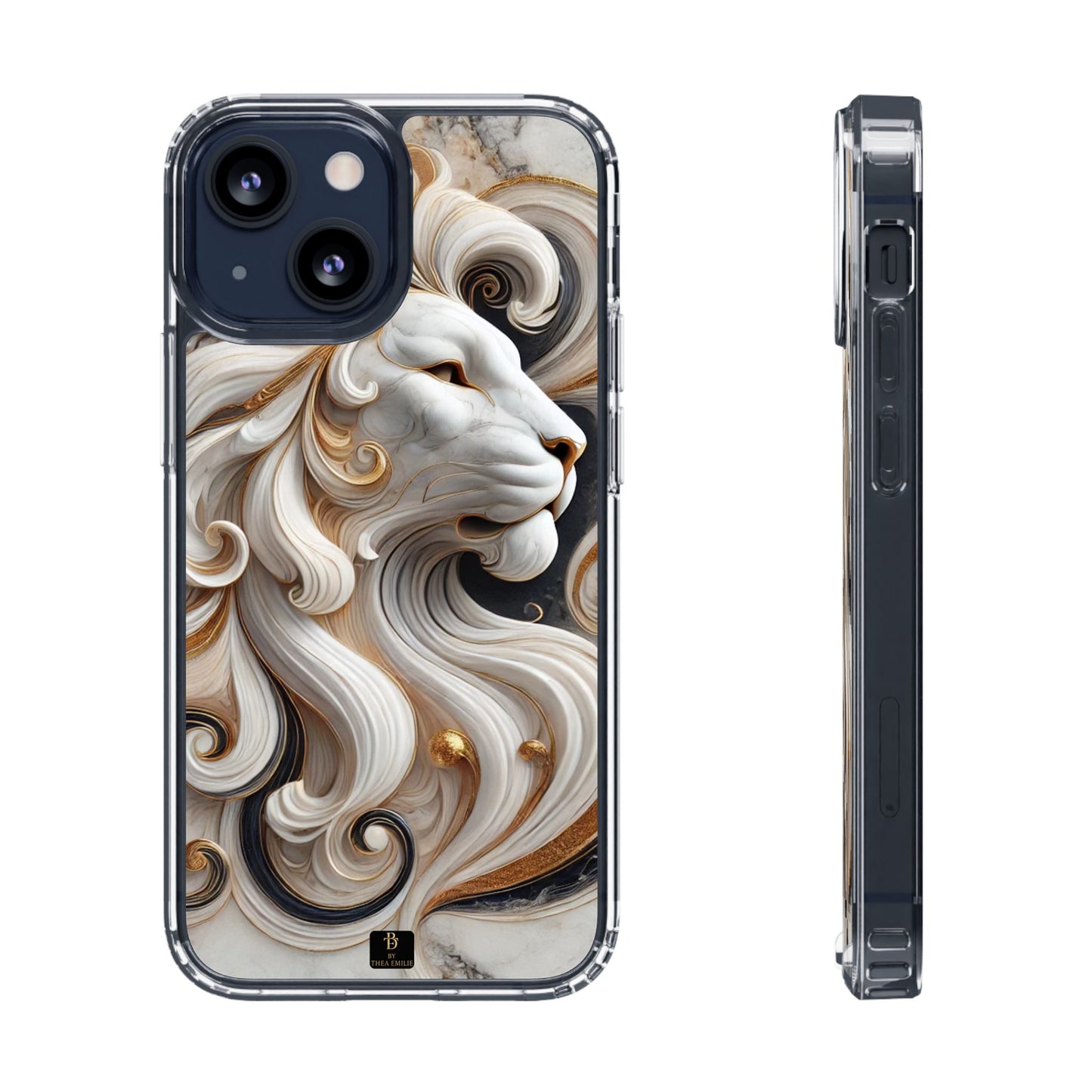 Artistic Lion Clear Phone Case – Marble Gold Design, Stylish Protection for iPhone