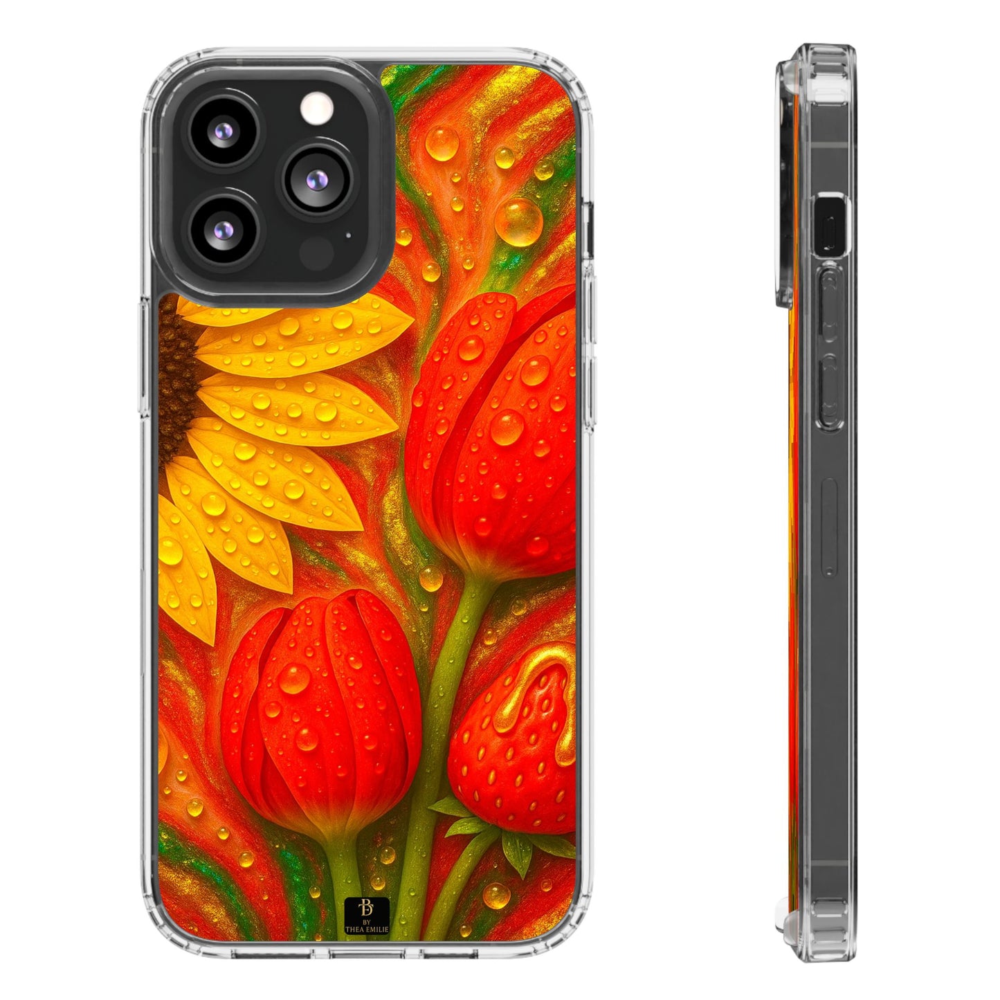Sunflower Tulips Clear Phone Case - Red Green Gold Marble Design for iPhone