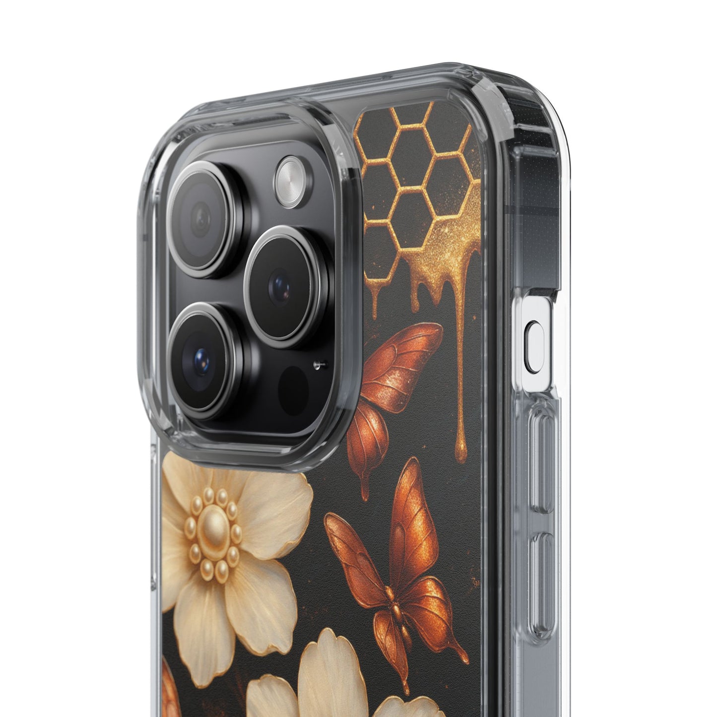 Golden Butterfly & Floral Clear Phone Case – Elegant Pearl & Honeycomb Design for iPhone