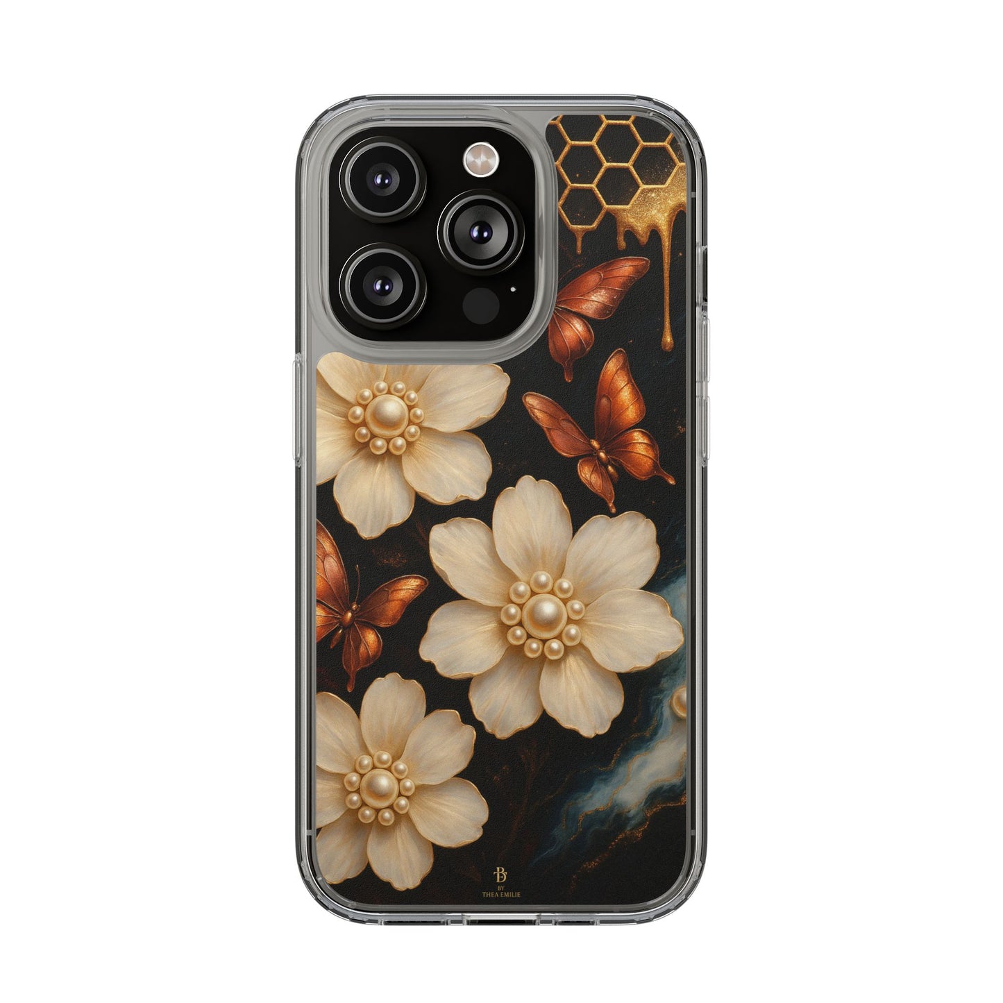 Golden Butterfly & Floral Clear Phone Case – Elegant Pearl & Honeycomb Design for iPhone