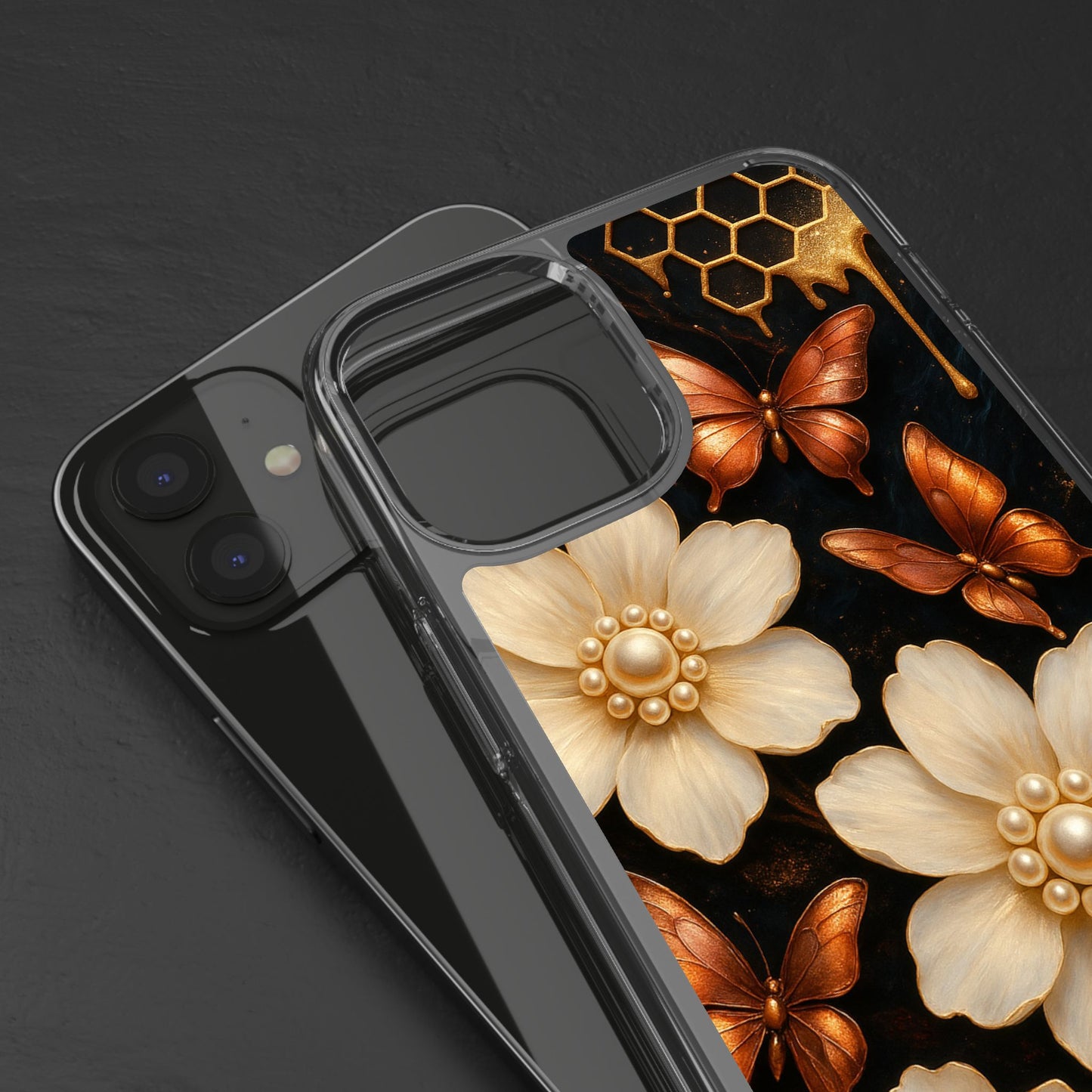Golden Butterfly & Floral Clear Phone Case – Elegant Pearl & Honeycomb Design for iPhone