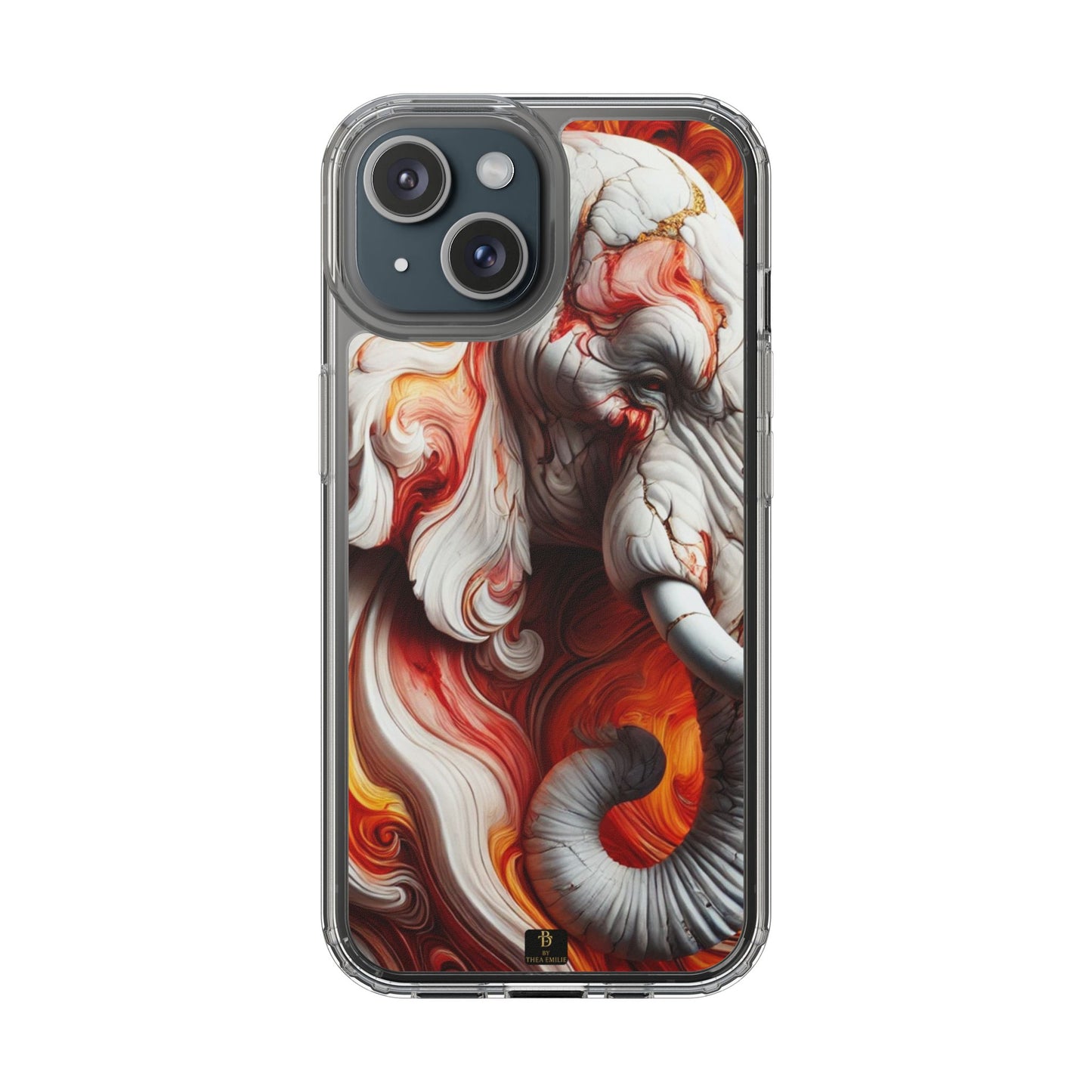 Fiery Marble Elephant Clear Phone Case – Bold Red & Orange Artistic Design for iPhone