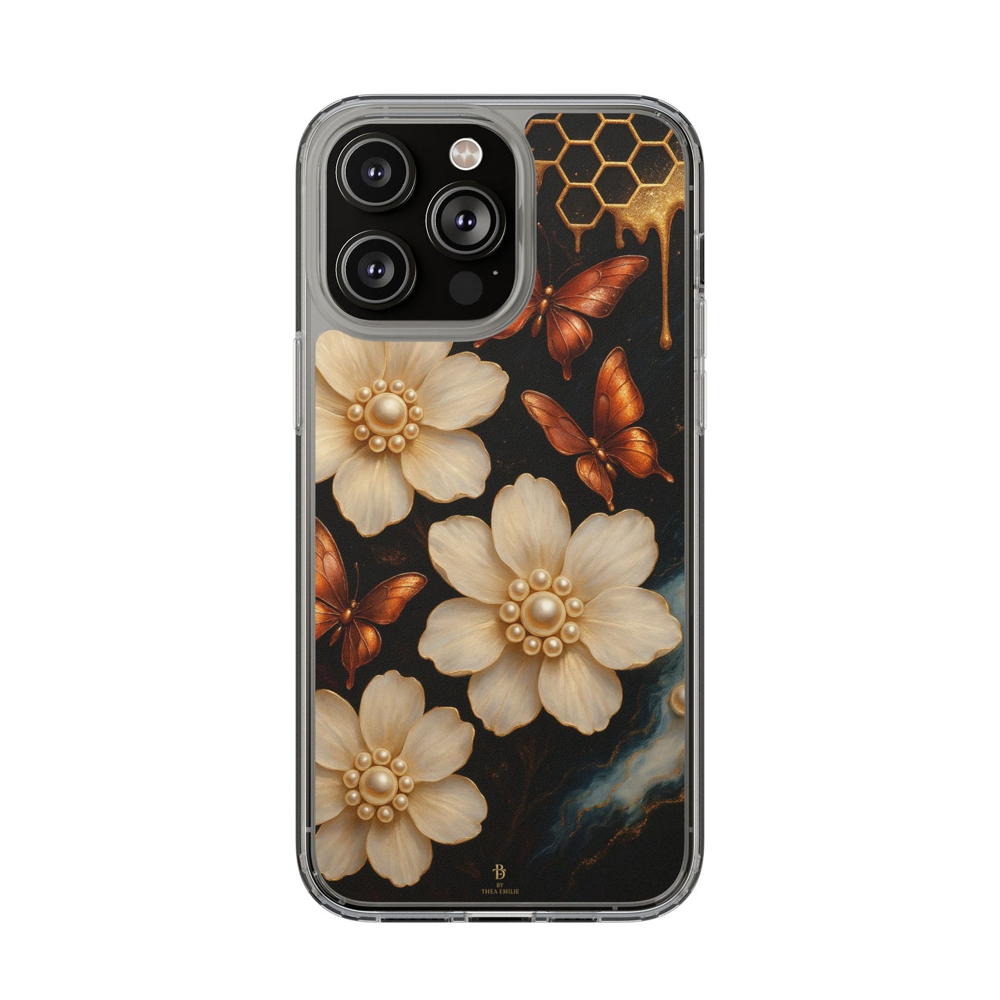Golden Butterfly & Floral Clear Phone Case – Elegant Pearl & Honeycomb Design for iPhone