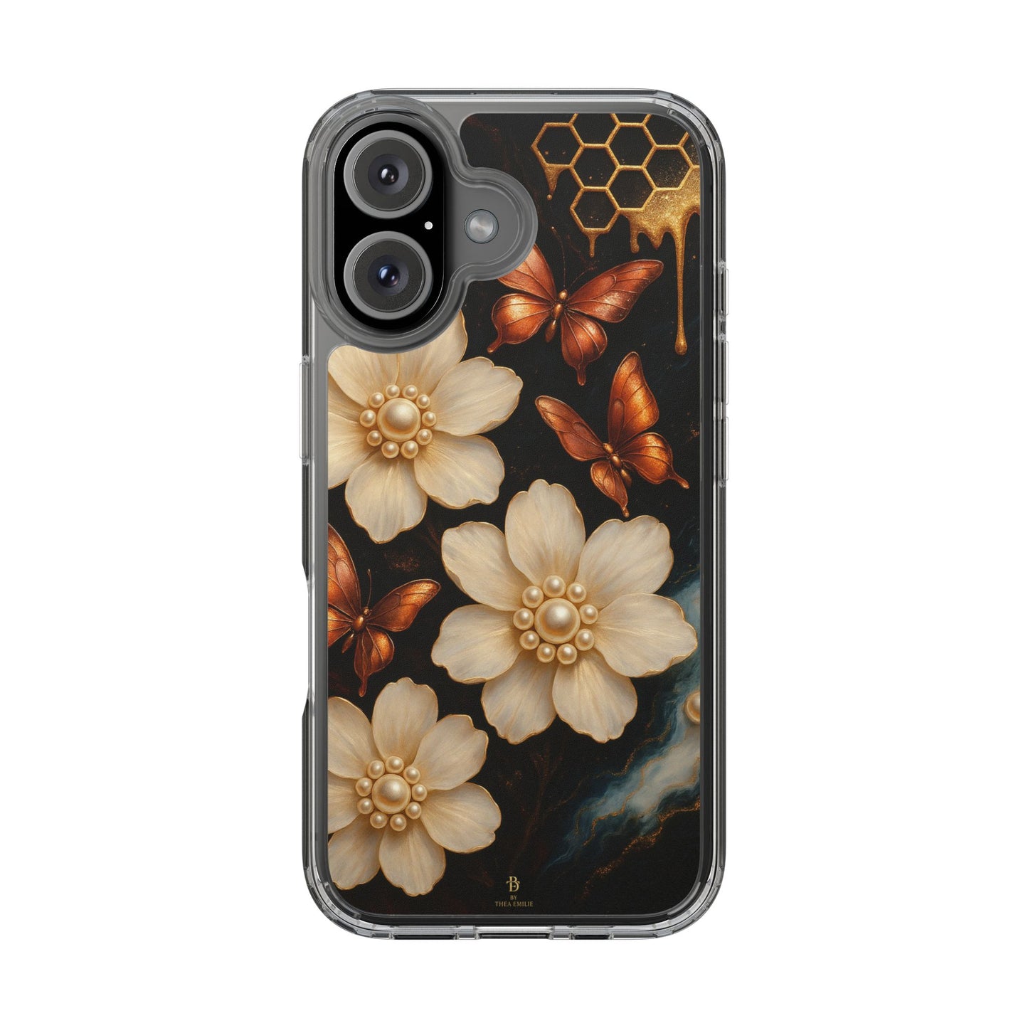 Golden Butterfly & Floral Clear Phone Case – Elegant Pearl & Honeycomb Design for iPhone
