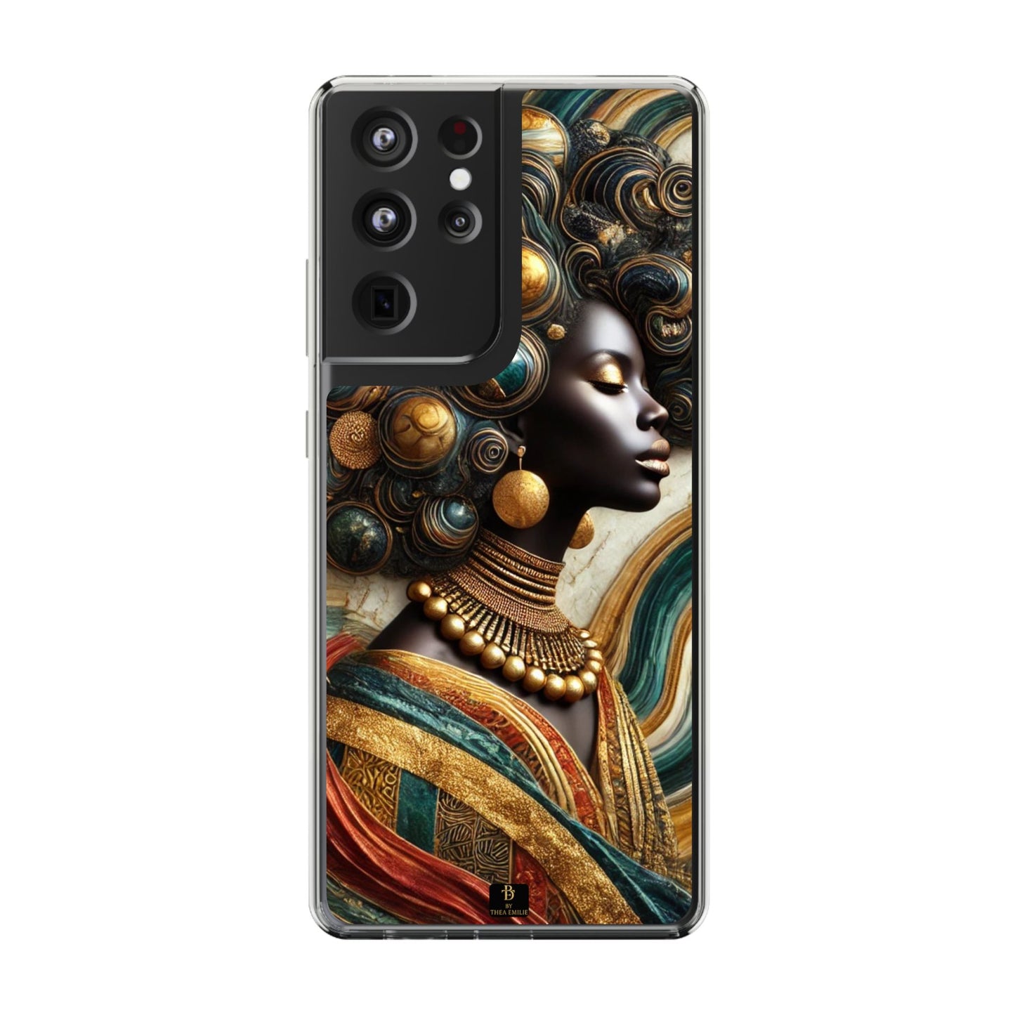 Majestic Queen Clear Phone Case – Afro Art Style with Gold & Teal Accents