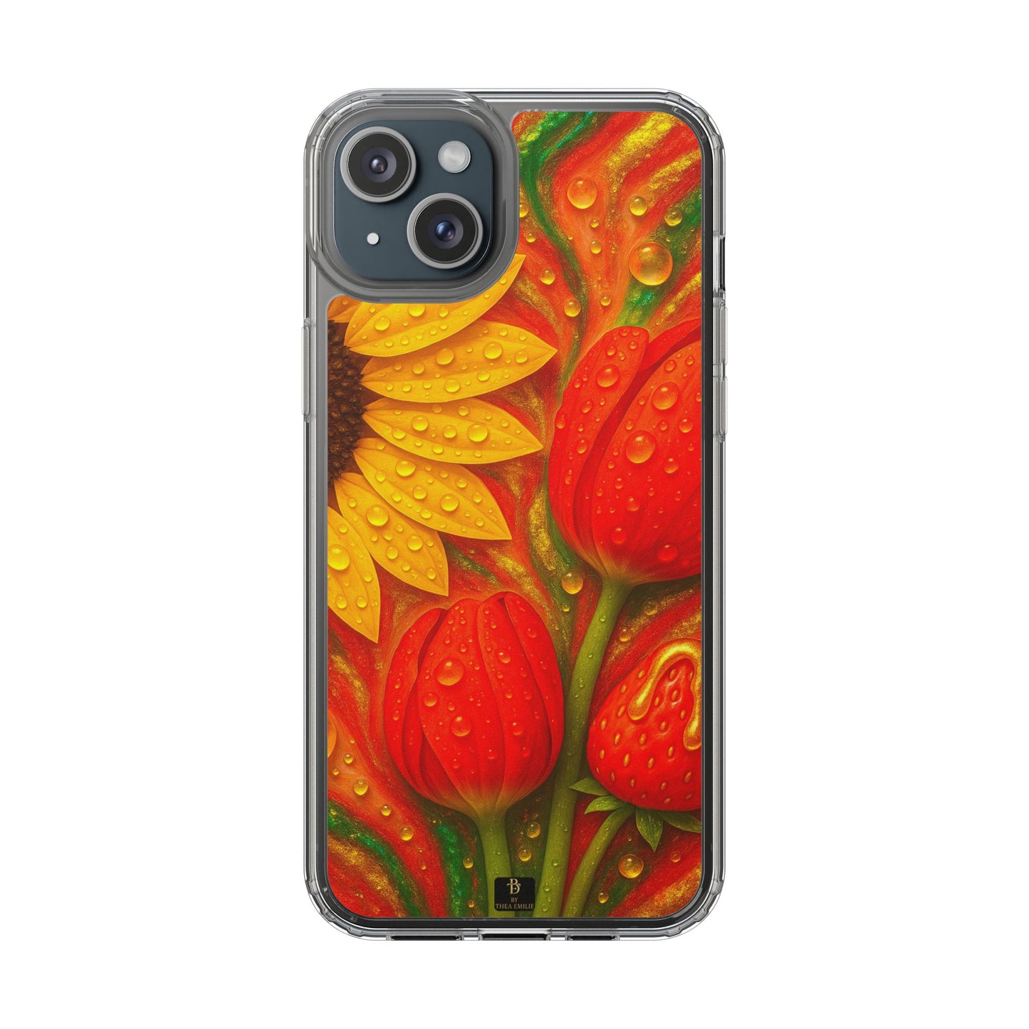 Sunflower Tulips Clear Phone Case - Red Green Gold Marble Design for iPhone
