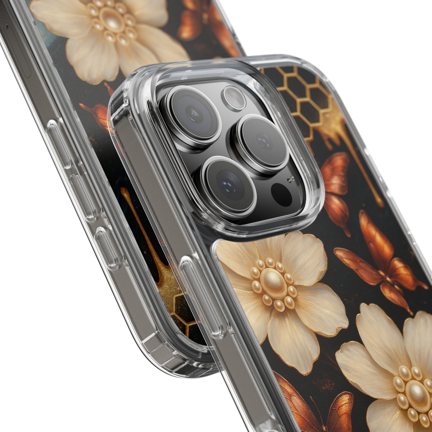 Golden Butterfly & Floral Clear Phone Case – Elegant Pearl & Honeycomb Design for iPhone