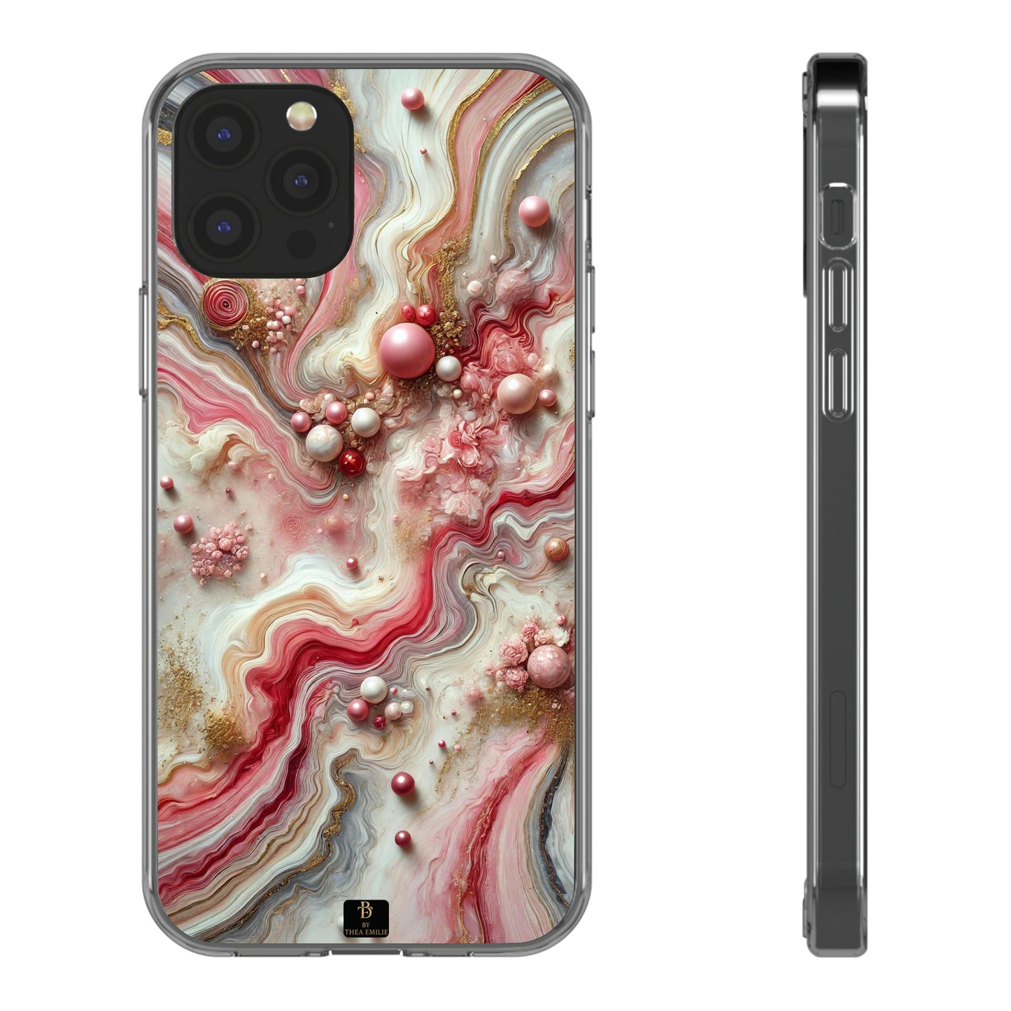 Pink Marble Clear Phone Case – Blush & Gold Abstract Design with Pearls, Compatible with iPhone
