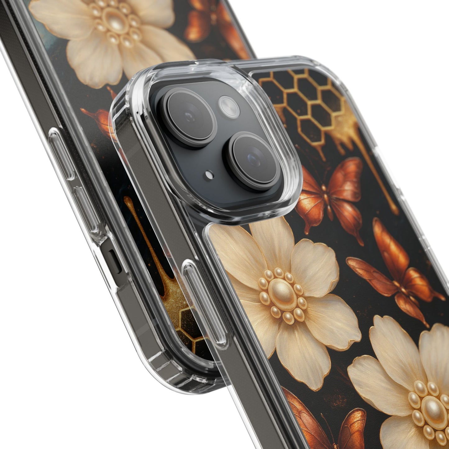 Golden Butterfly & Floral Clear Phone Case – Elegant Pearl & Honeycomb Design for iPhone