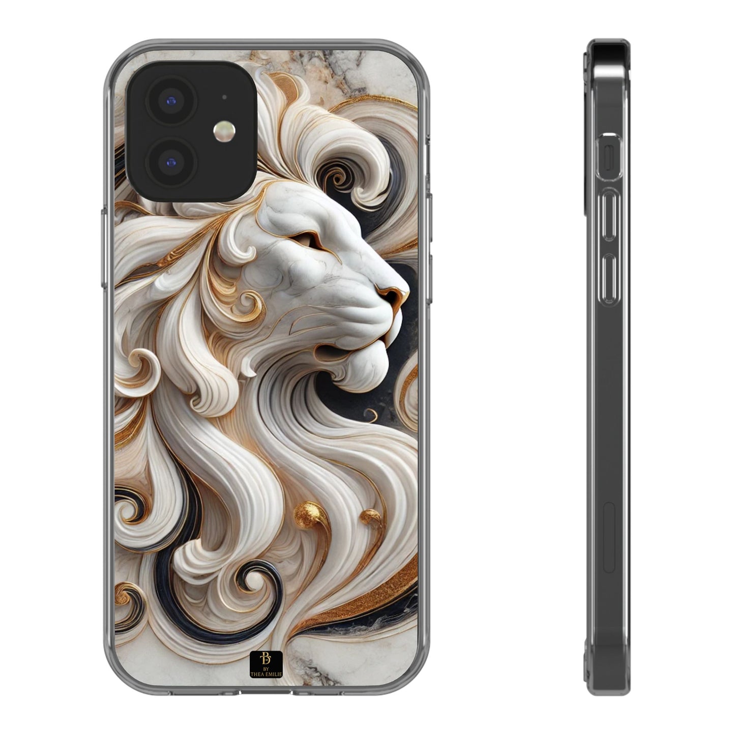 Artistic Lion Clear Phone Case – Marble Gold Design, Stylish Protection for iPhone