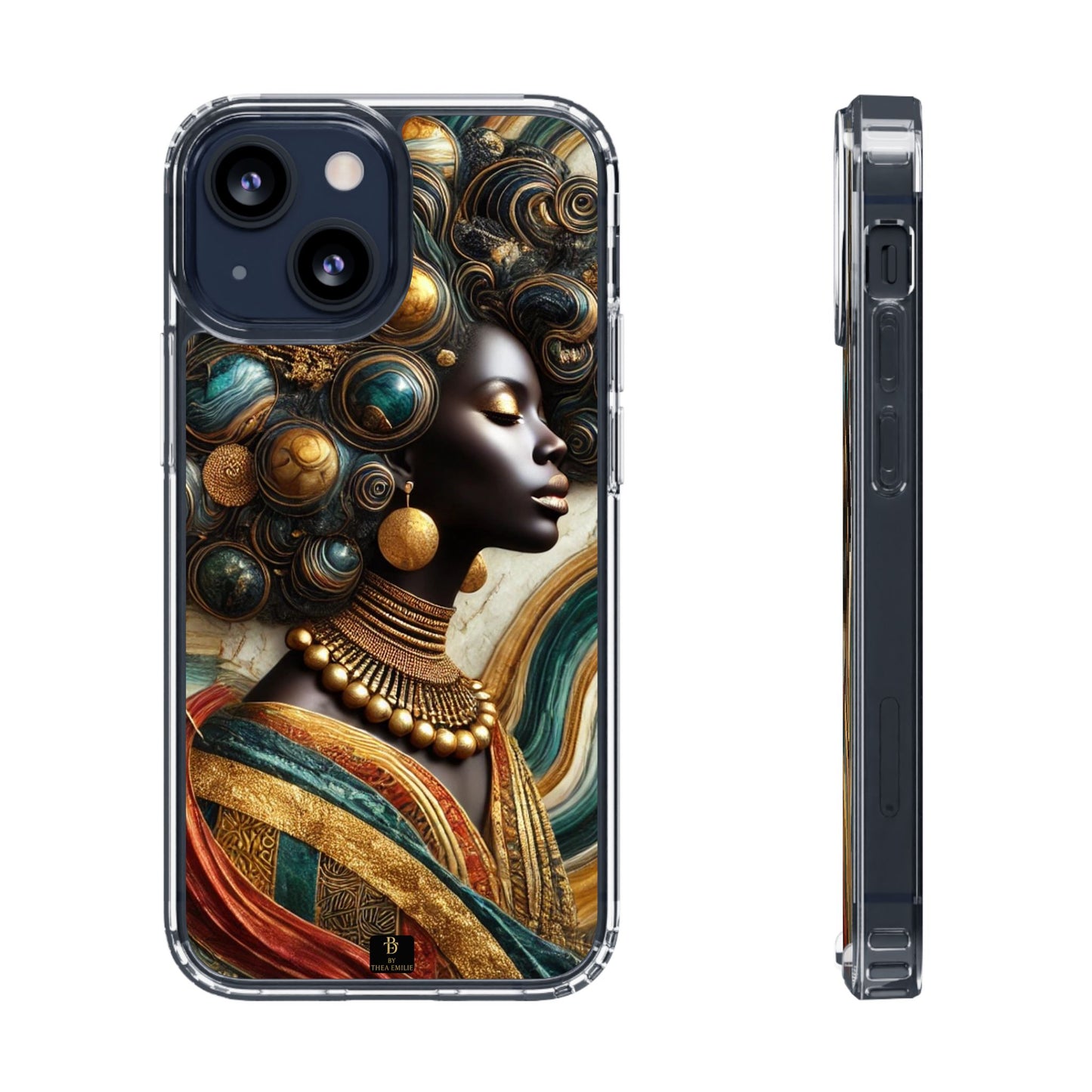 Majestic Queen Clear Phone Case – Afro Art Style with Gold & Teal Accents