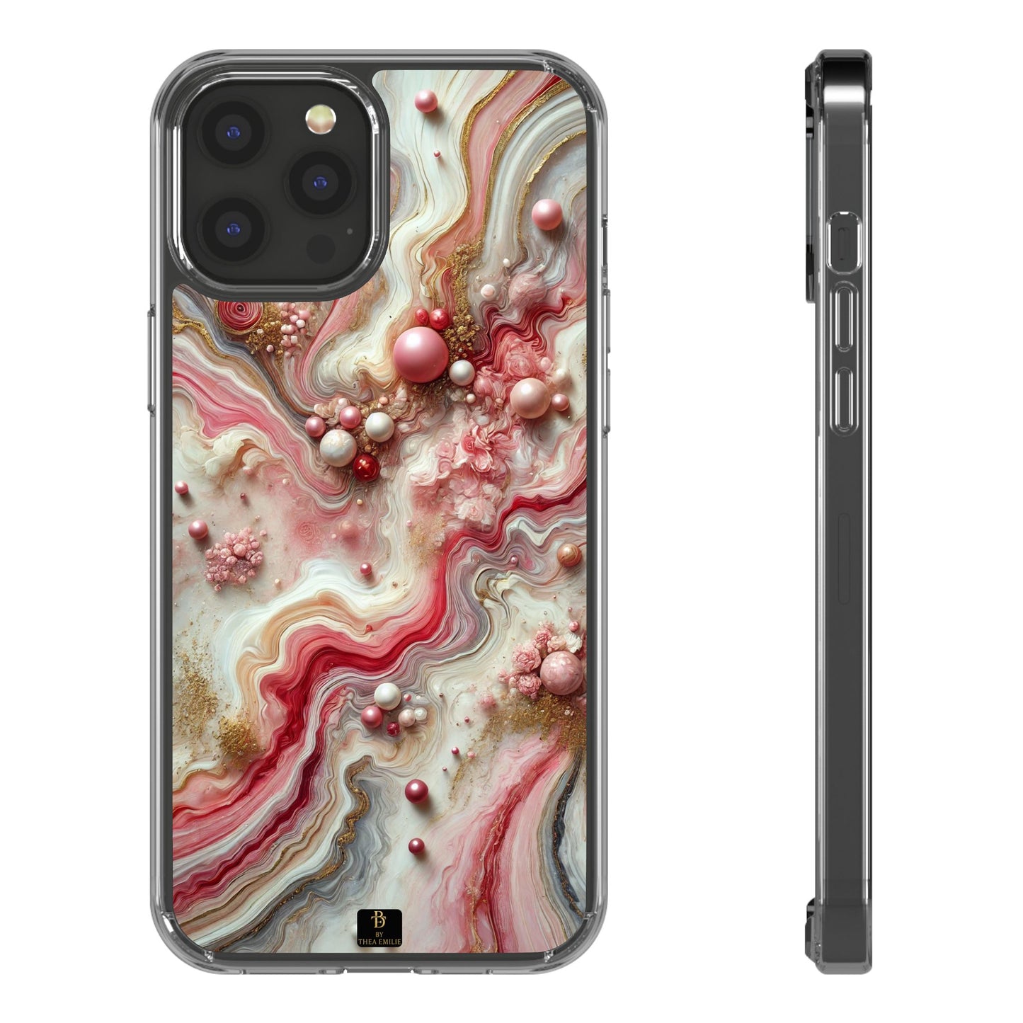 Pink Marble Clear Phone Case – Blush & Gold Abstract Design with Pearls, Compatible with iPhone