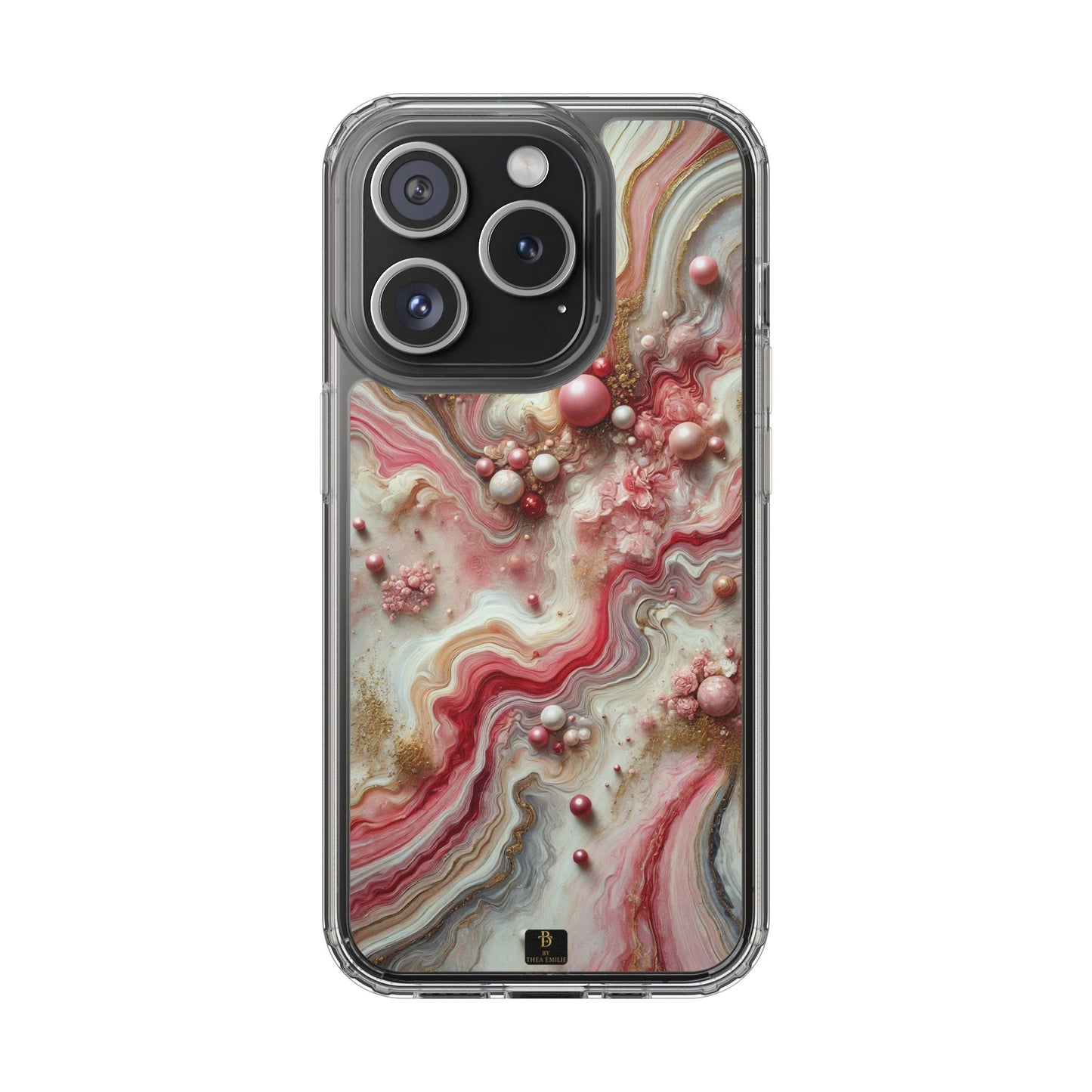 Pink Marble Clear Phone Case – Blush & Gold Abstract Design with Pearls, Compatible with iPhone