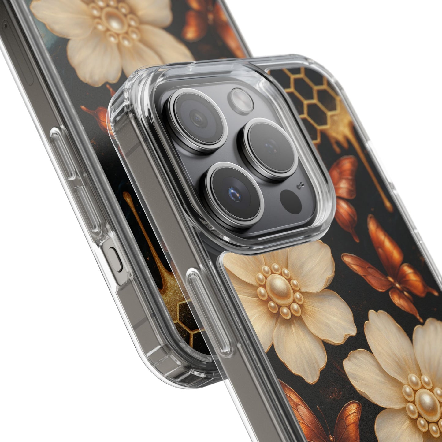 Golden Butterfly & Floral Clear Phone Case – Elegant Pearl & Honeycomb Design for iPhone