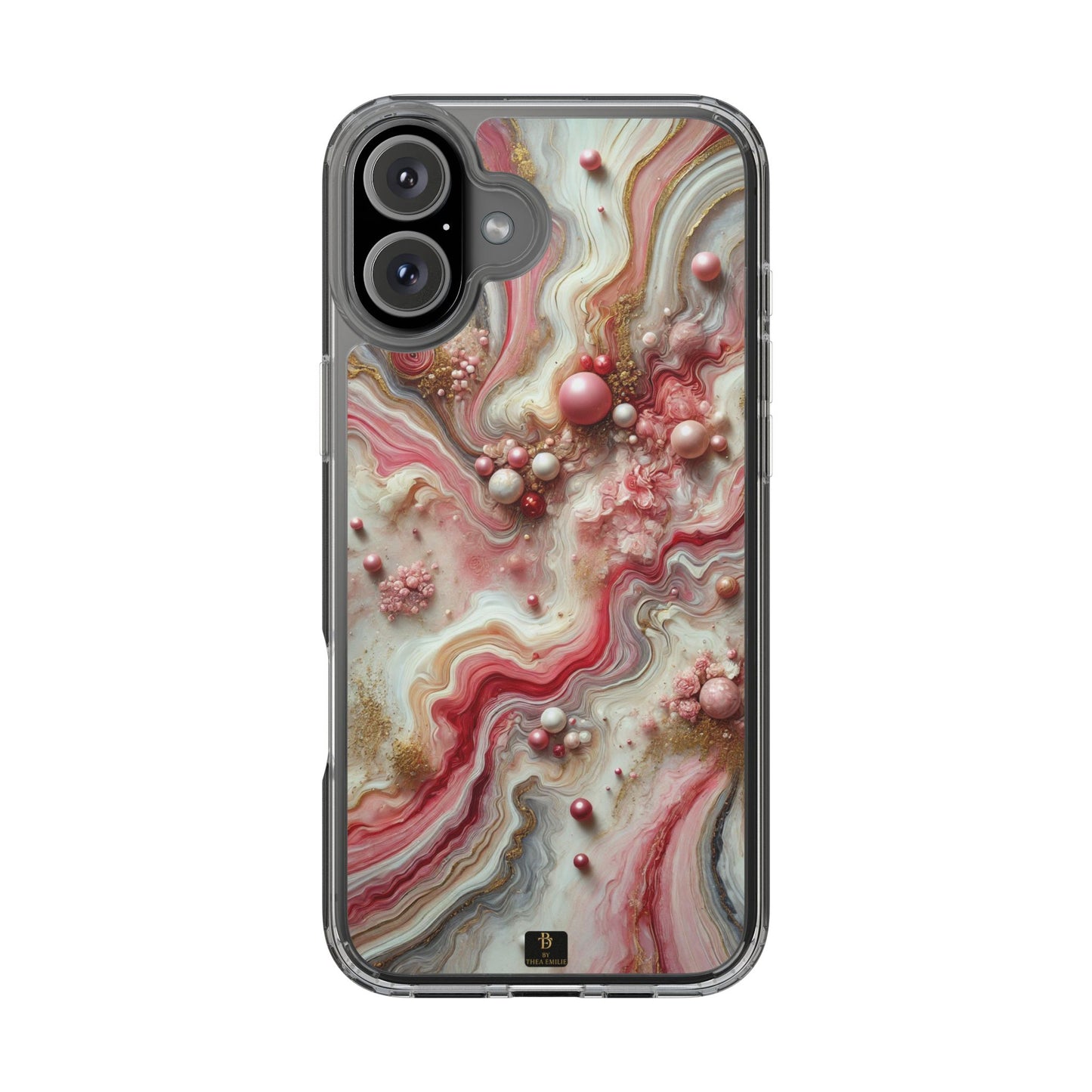 Pink Marble Clear Phone Case – Blush & Gold Abstract Design with Pearls, Compatible with iPhone