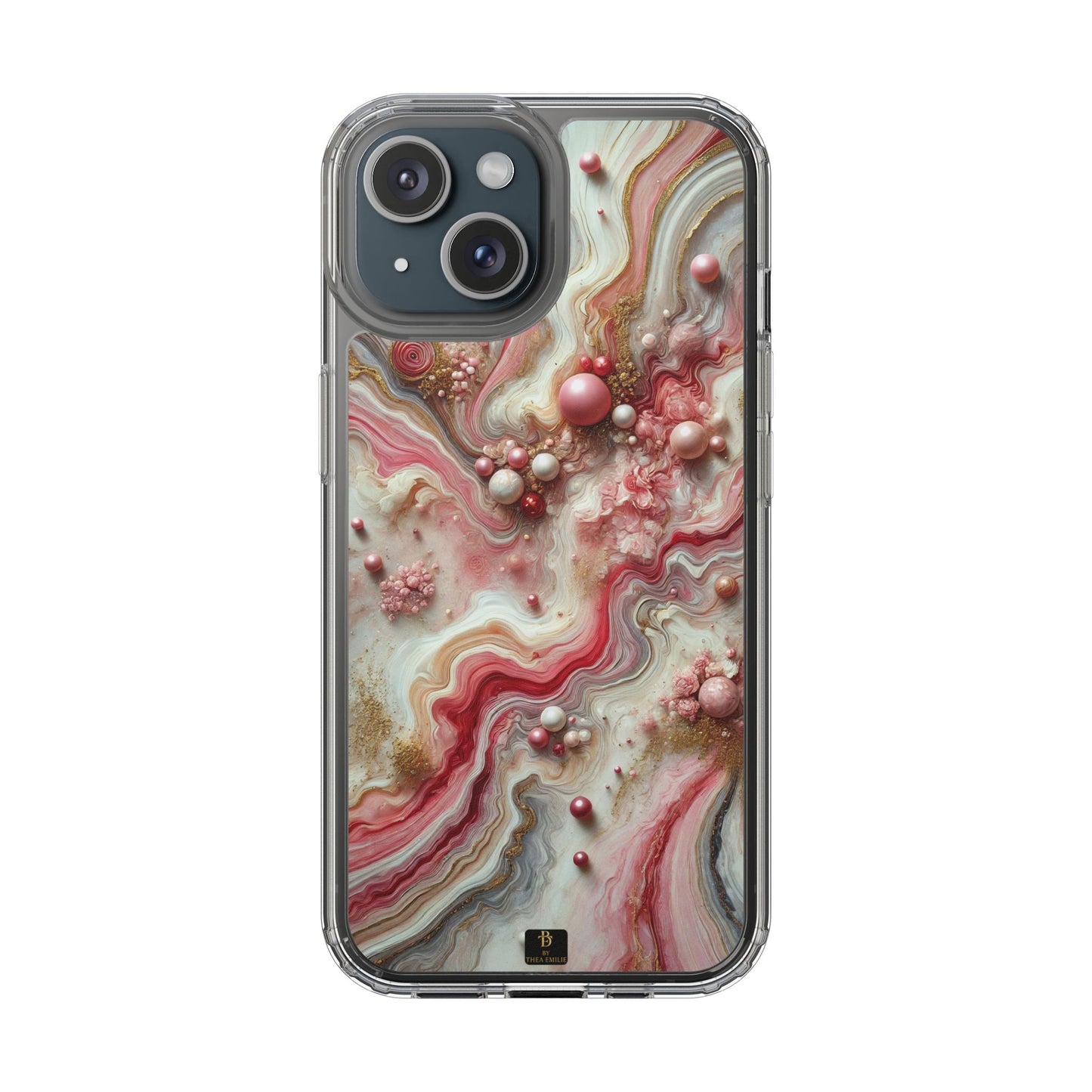 Pink Marble Clear Phone Case – Blush & Gold Abstract Design with Pearls, Compatible with iPhone