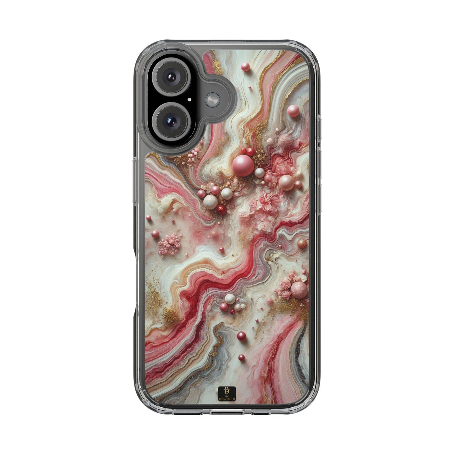 Pink Marble Clear Phone Case – Blush & Gold Abstract Design with Pearls, Compatible with iPhone