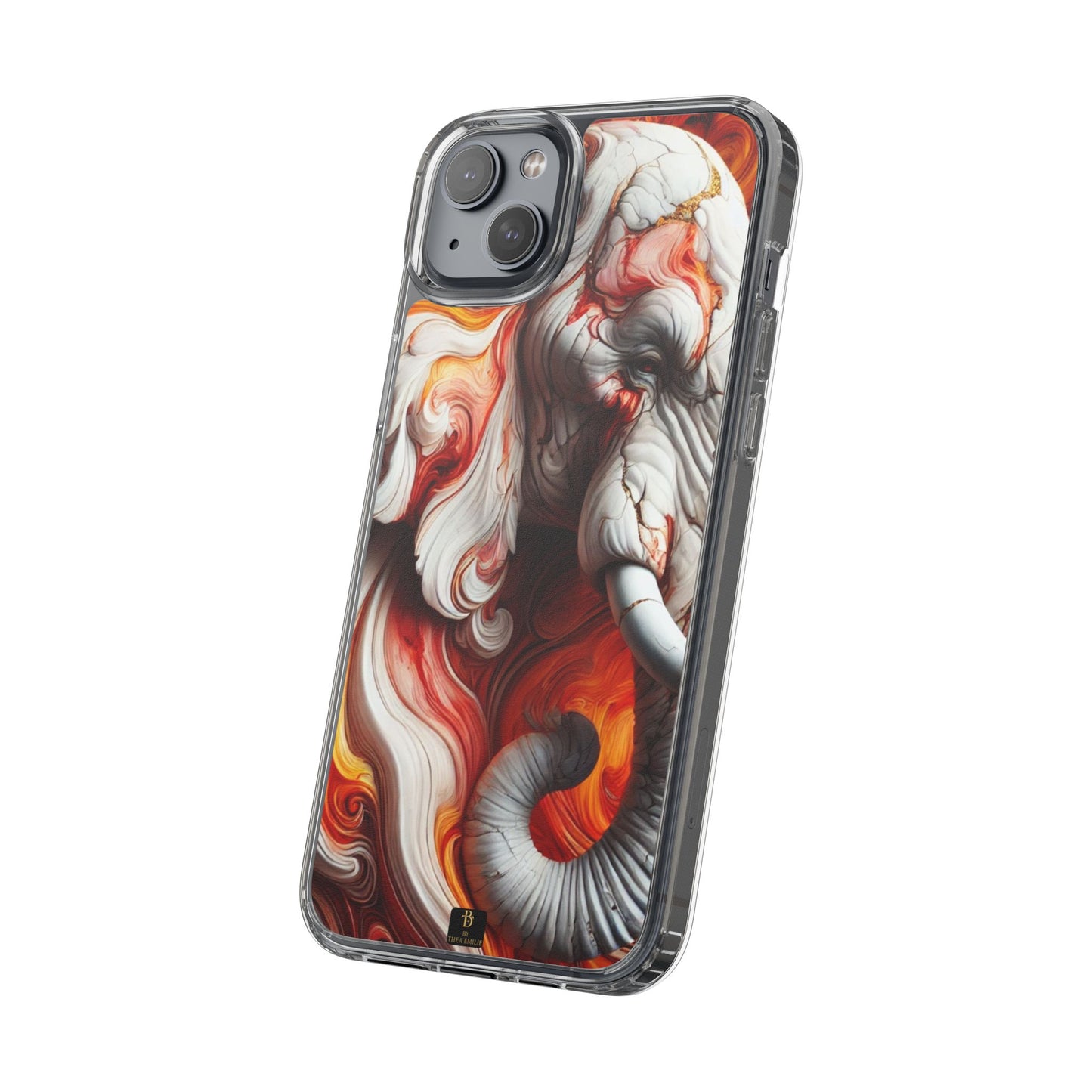 Fiery Marble Elephant Clear Phone Case – Bold Red & Orange Artistic Design for iPhone