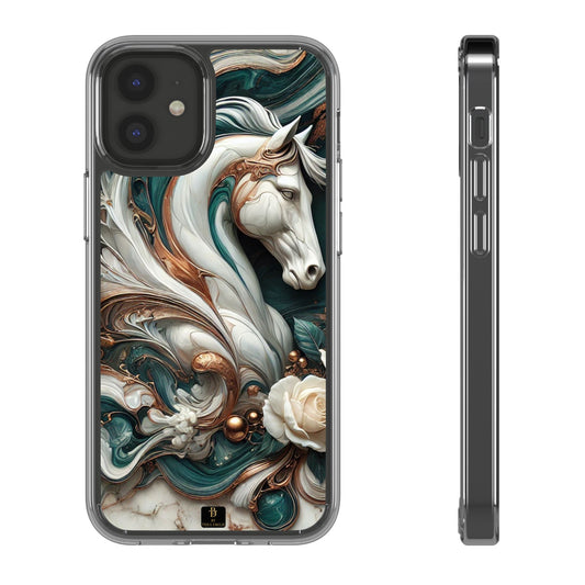Artistic Horse Clear Phone Case – Teal & Bronze Marble Design with White Rose, Compatible with iPhone
