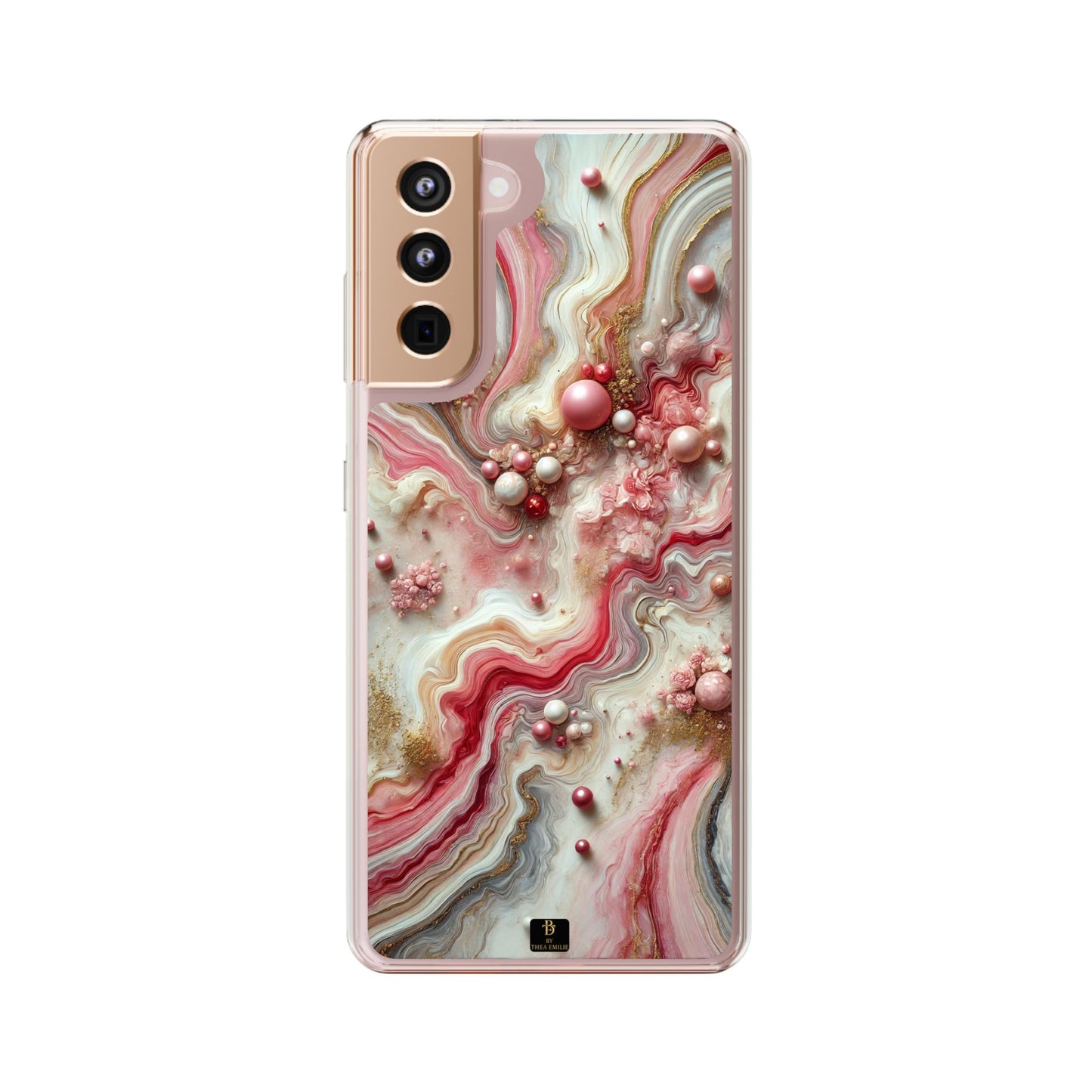 Pink Marble Clear Phone Case – Blush & Gold Abstract Design with Pearls, Compatible with iPhone