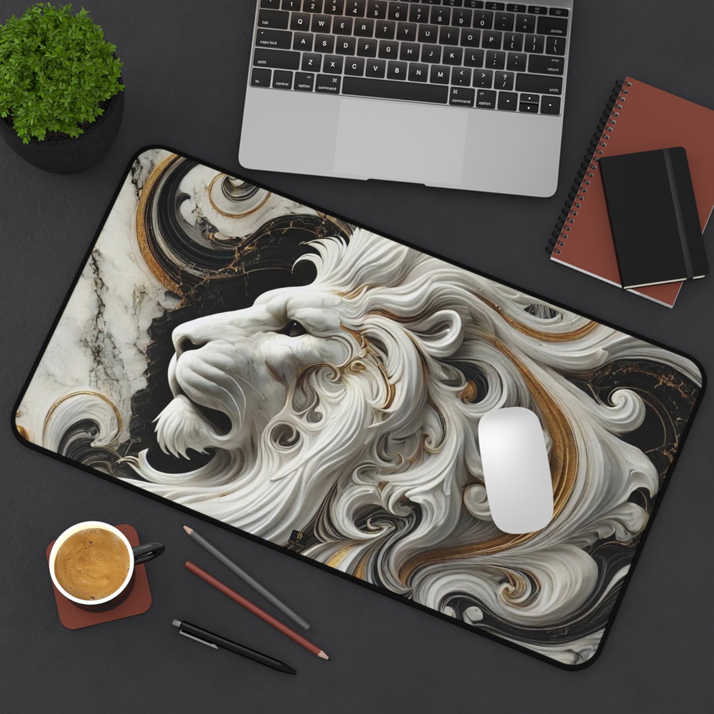 Marble Lion Desk Pad – Luxury Gold & Black Mouse Mat in 3 Sizes
