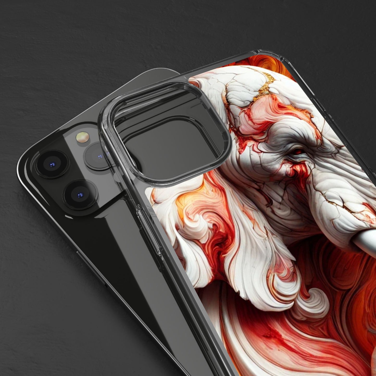 Fiery Marble Elephant Clear Phone Case – Bold Red & Orange Artistic Design for iPhone
