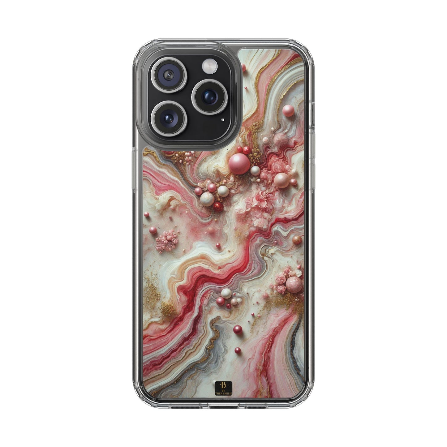 Pink Marble Clear Phone Case – Blush & Gold Abstract Design with Pearls, Compatible with iPhone