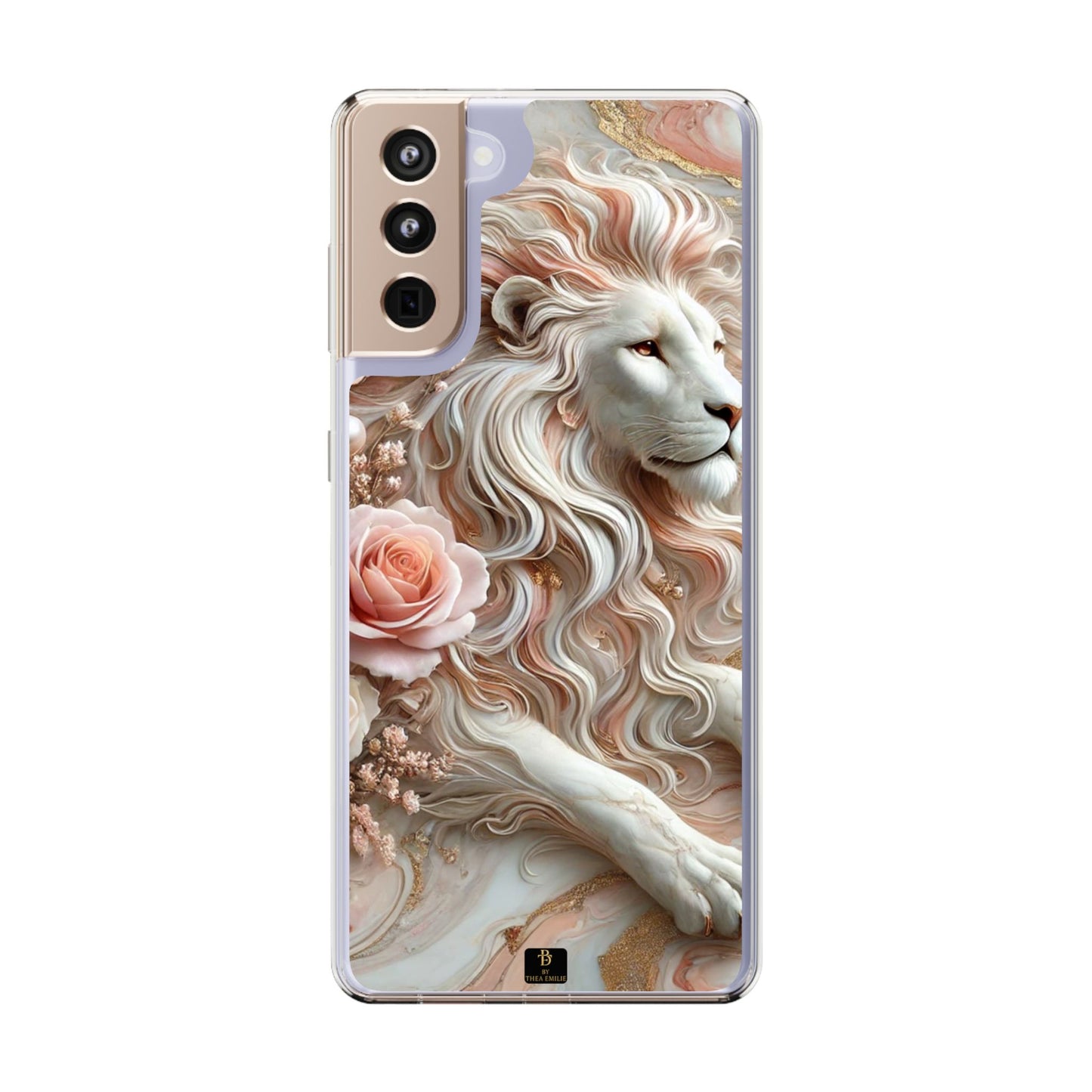 Blush Lion Clear Phone Case – Soft Marble & Rose Design for iPhone
