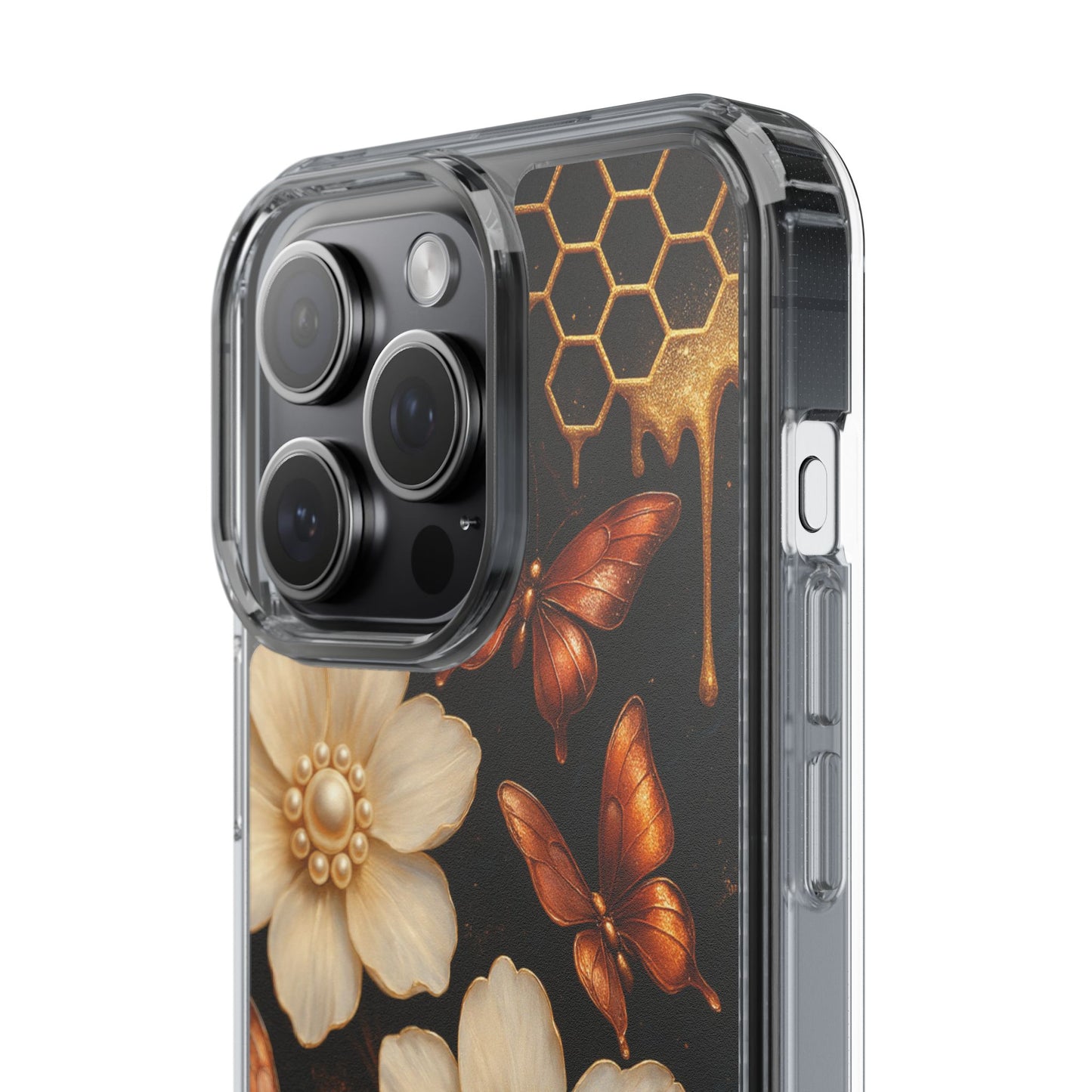 Golden Butterfly & Floral Clear Phone Case – Elegant Pearl & Honeycomb Design for iPhone