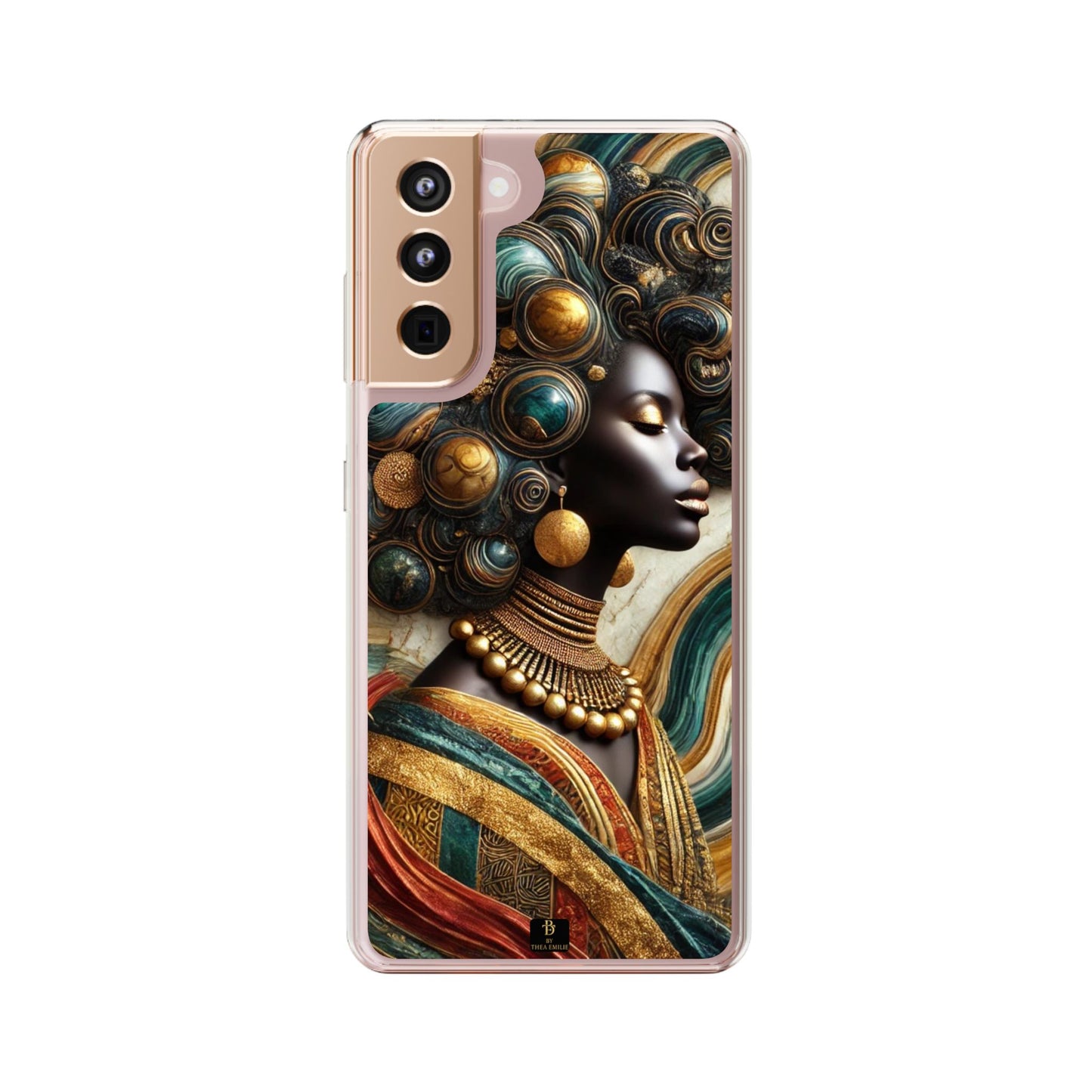 Majestic Queen Clear Phone Case – Afro Art Style with Gold & Teal Accents