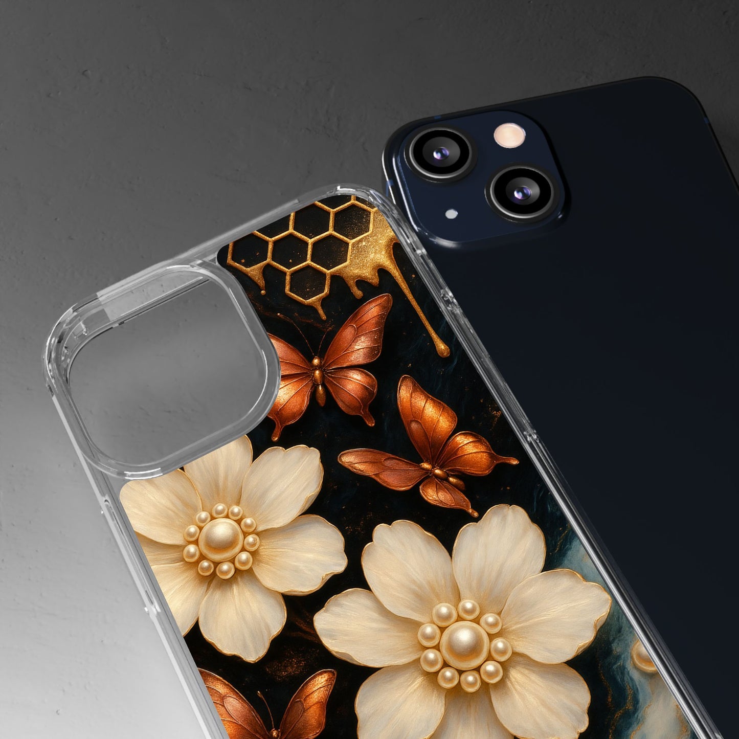 Golden Butterfly & Floral Clear Phone Case – Elegant Pearl & Honeycomb Design for iPhone