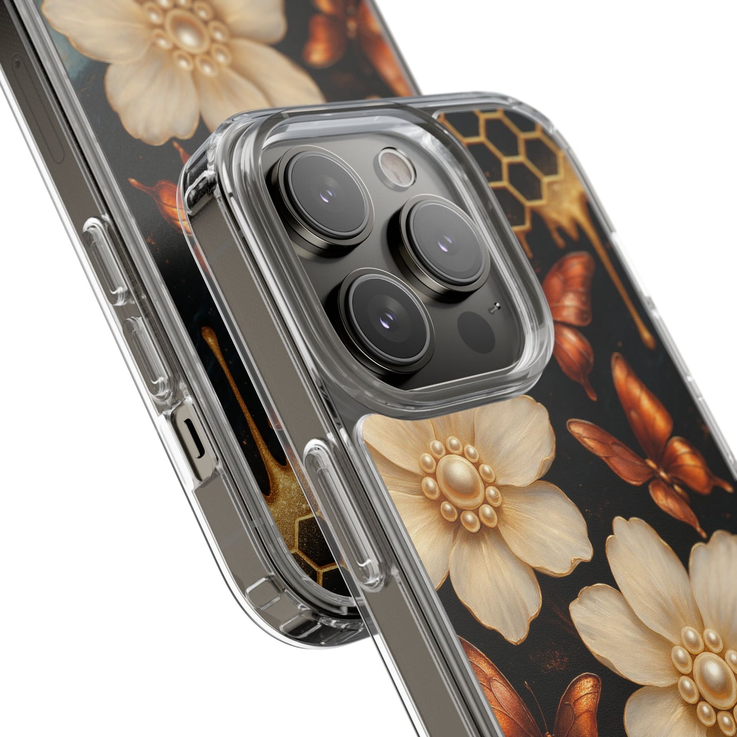 Golden Butterfly & Floral Clear Phone Case – Elegant Pearl & Honeycomb Design for iPhone