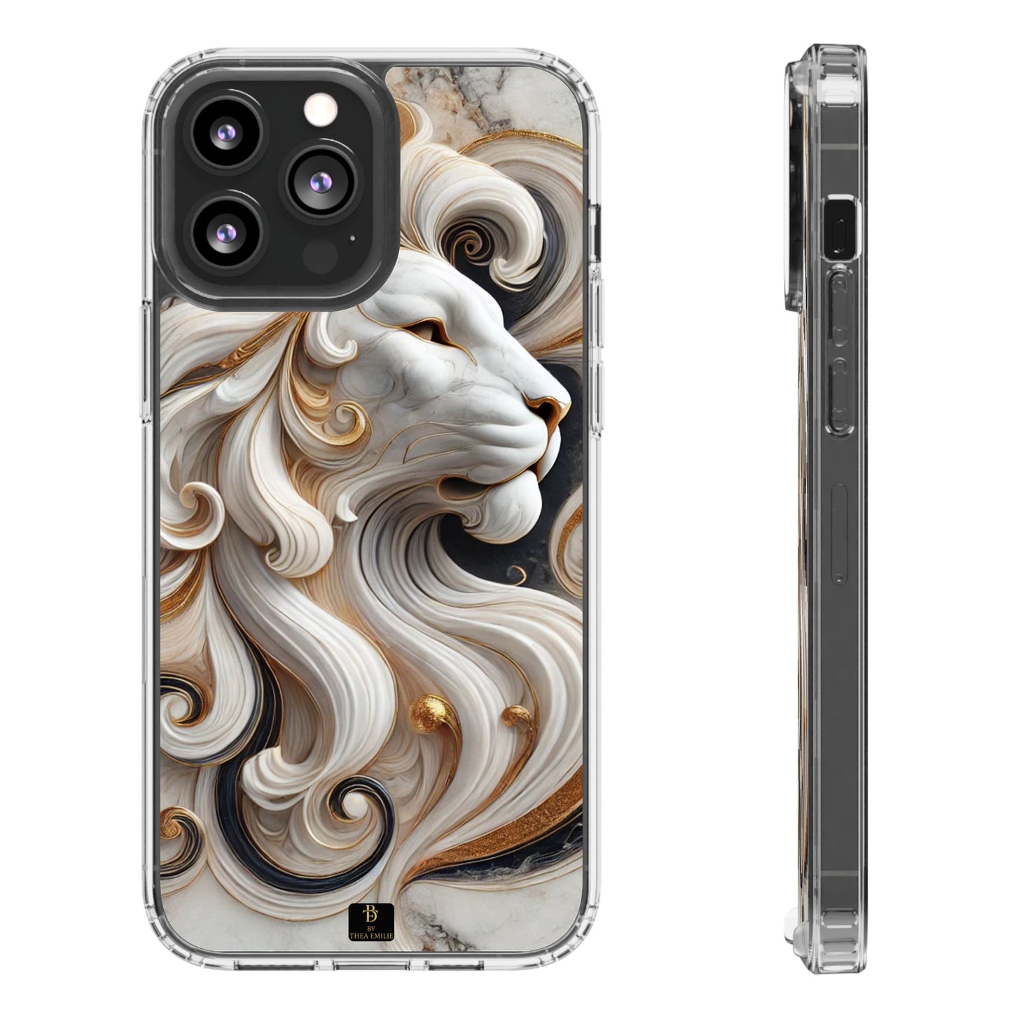 Artistic Lion Clear Phone Case – Marble Gold Design, Stylish Protection for iPhone