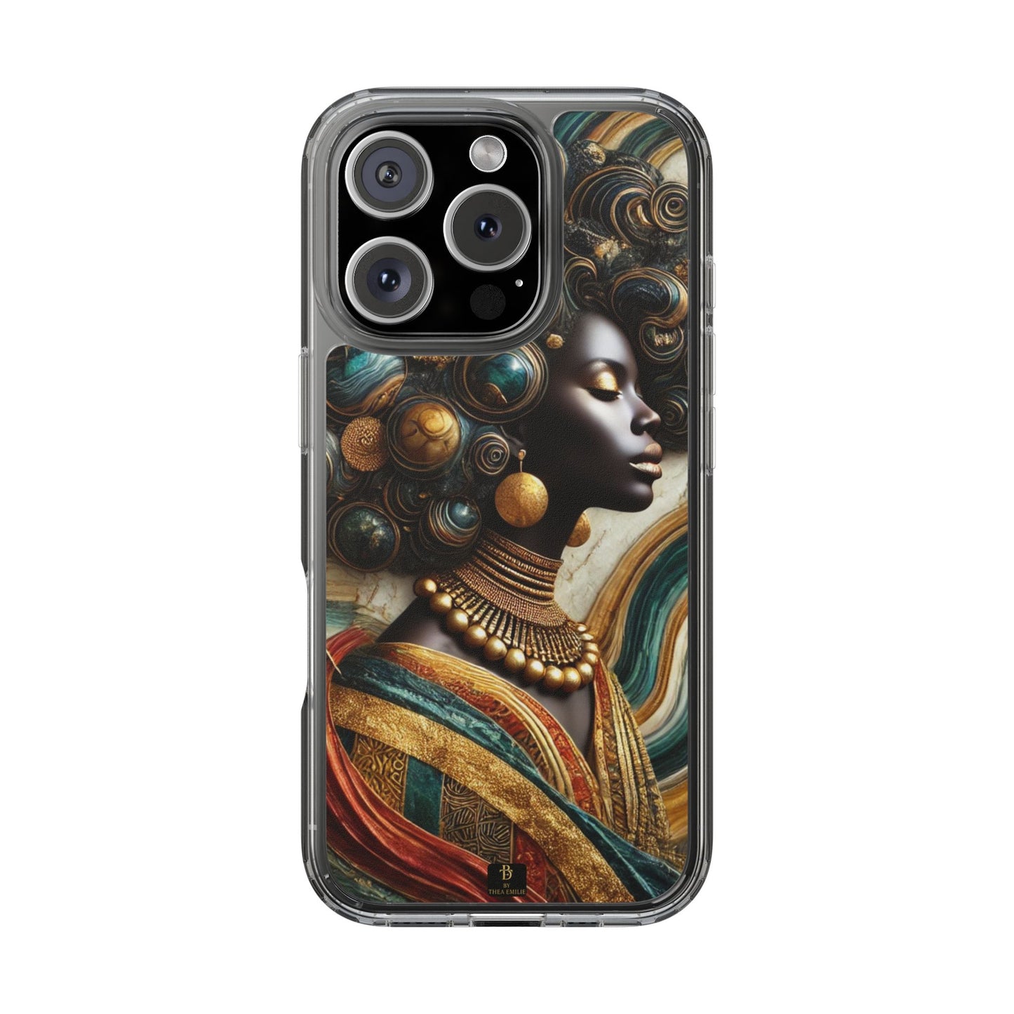 Majestic Queen Clear Phone Case – Afro Art Style with Gold & Teal Accents
